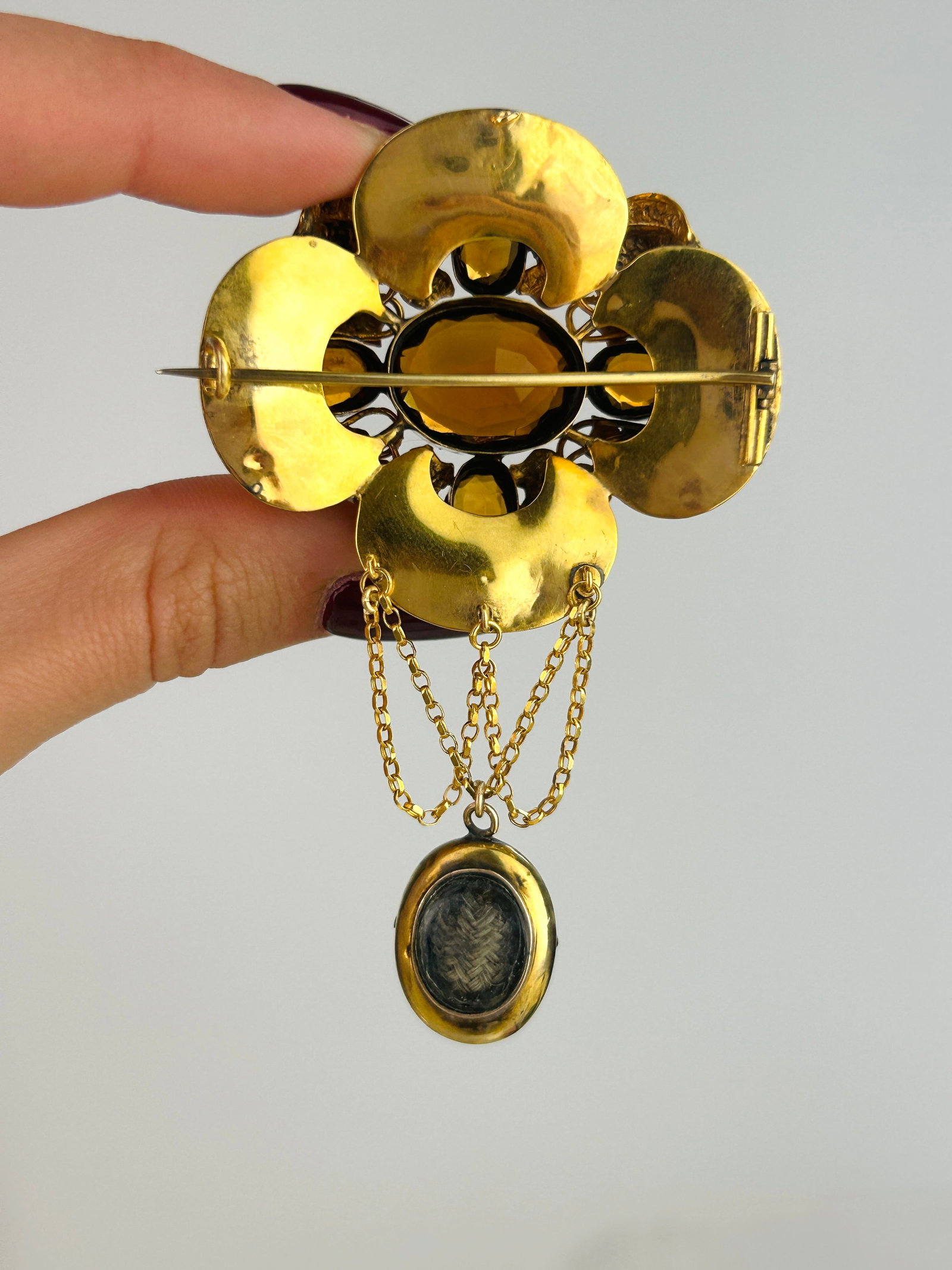 Giant Victorian Gold Citrine Drop Brooch with Locket Back - 3