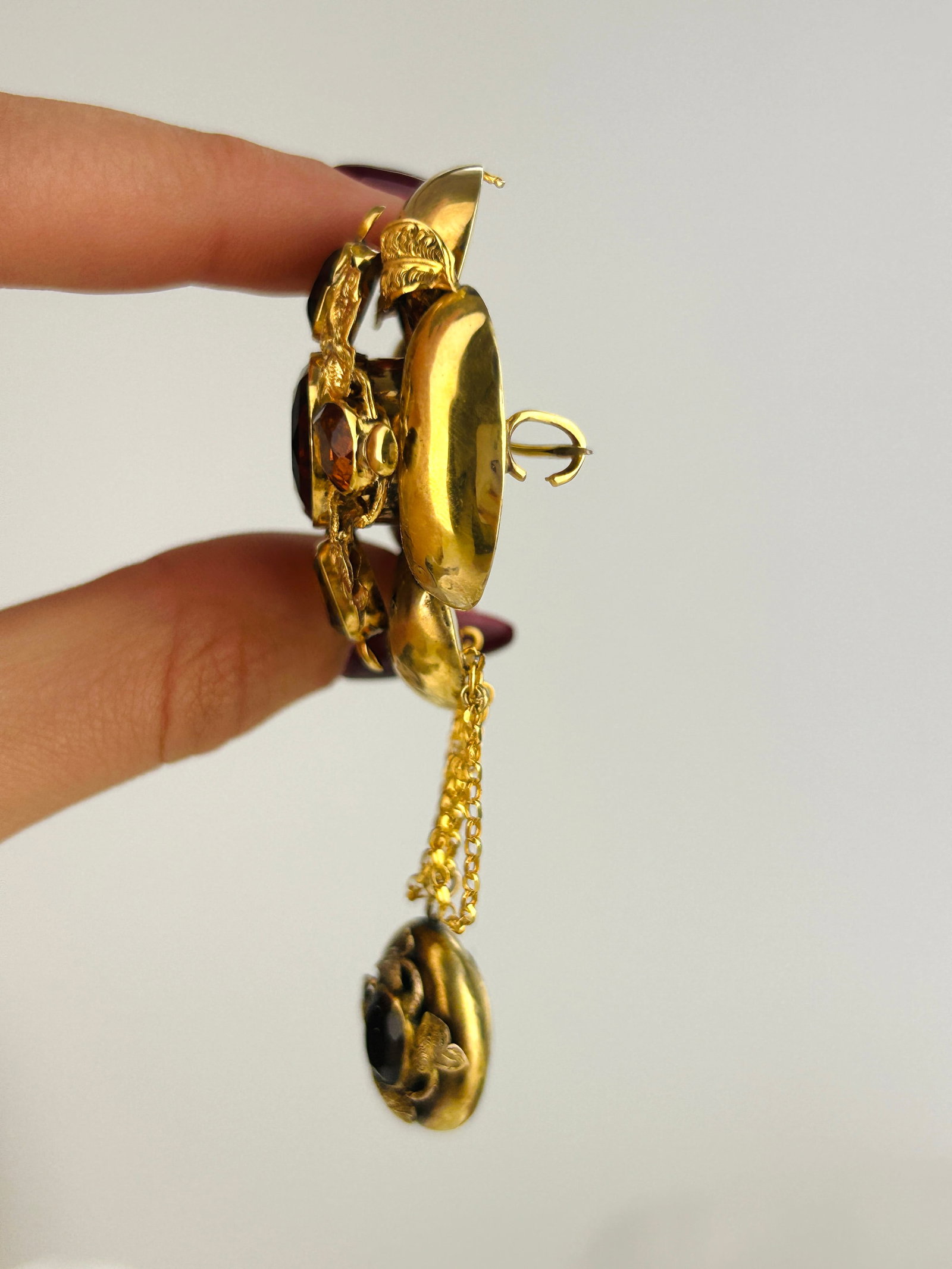 Giant Victorian Gold Citrine Drop Brooch with Locket Back - 5