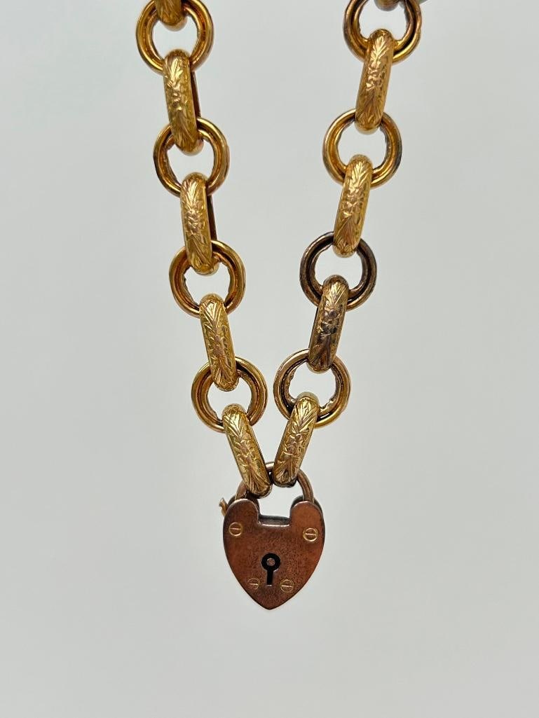 Antique 9ct Gold Bracelet with Heart Padlock - 3
