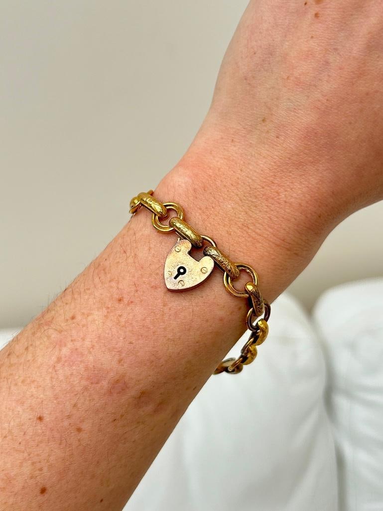 Antique 9ct Gold Bracelet with Heart Padlock - 4