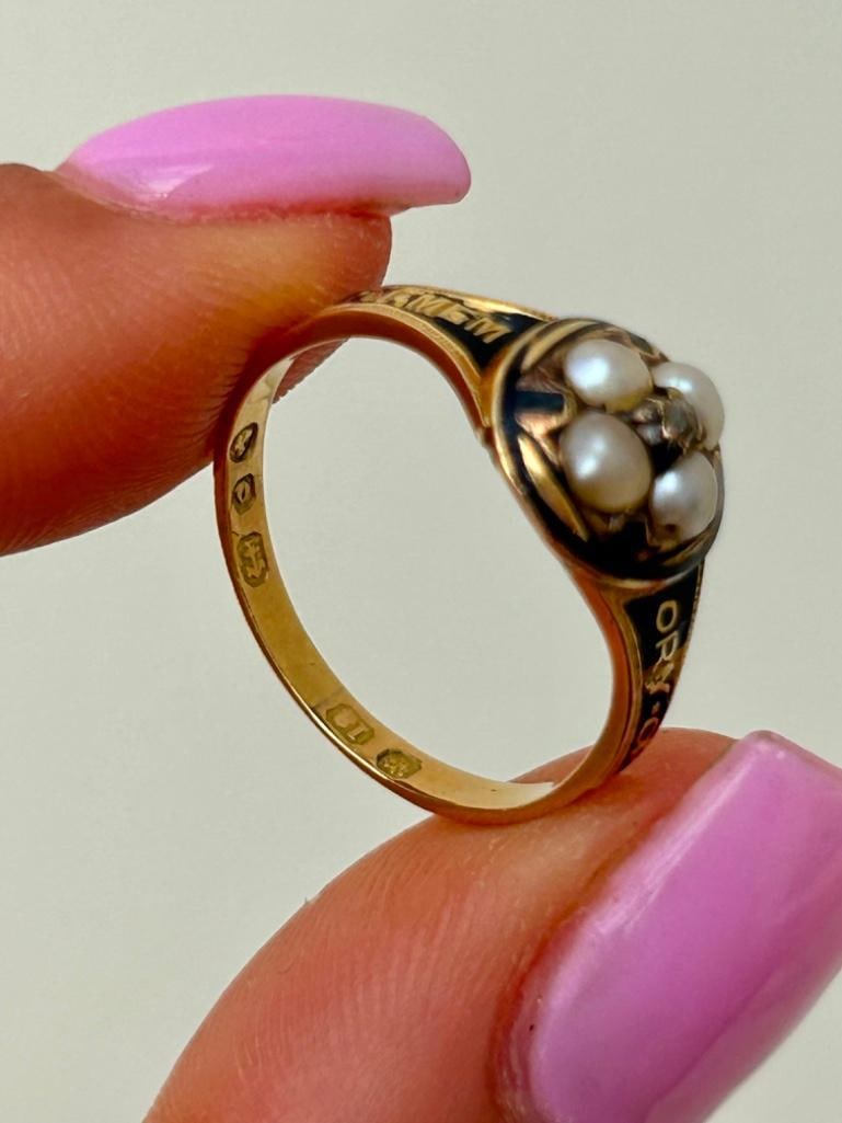 Antique 18ct Gold Black Enamel Pearl and Diamond Flower Mourning Ring - 3