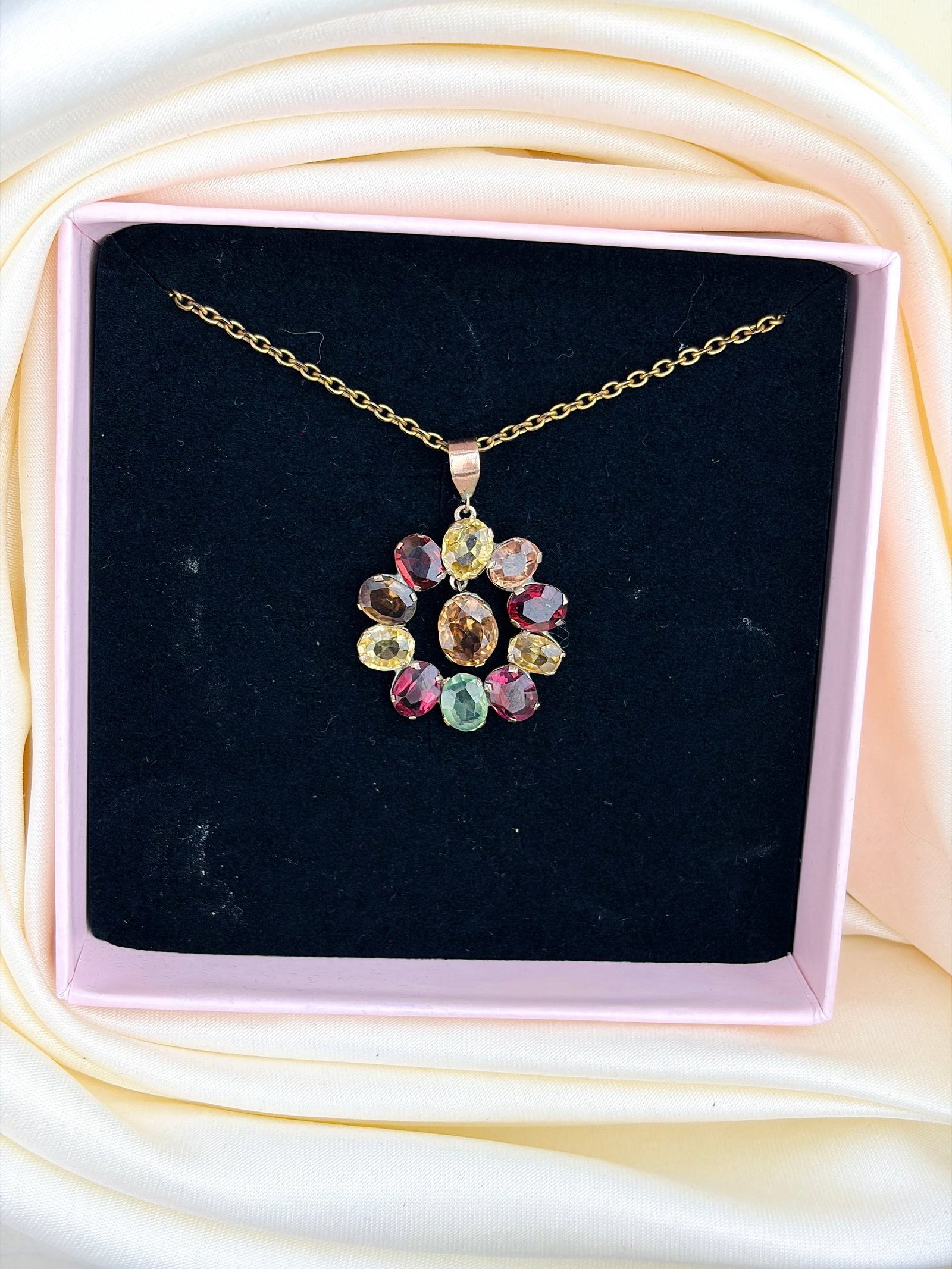 ANTIQUE VICTORIAN 9CT GOLD HARLEQUIN CLUSTER PENDANT ON CHAIN - 5