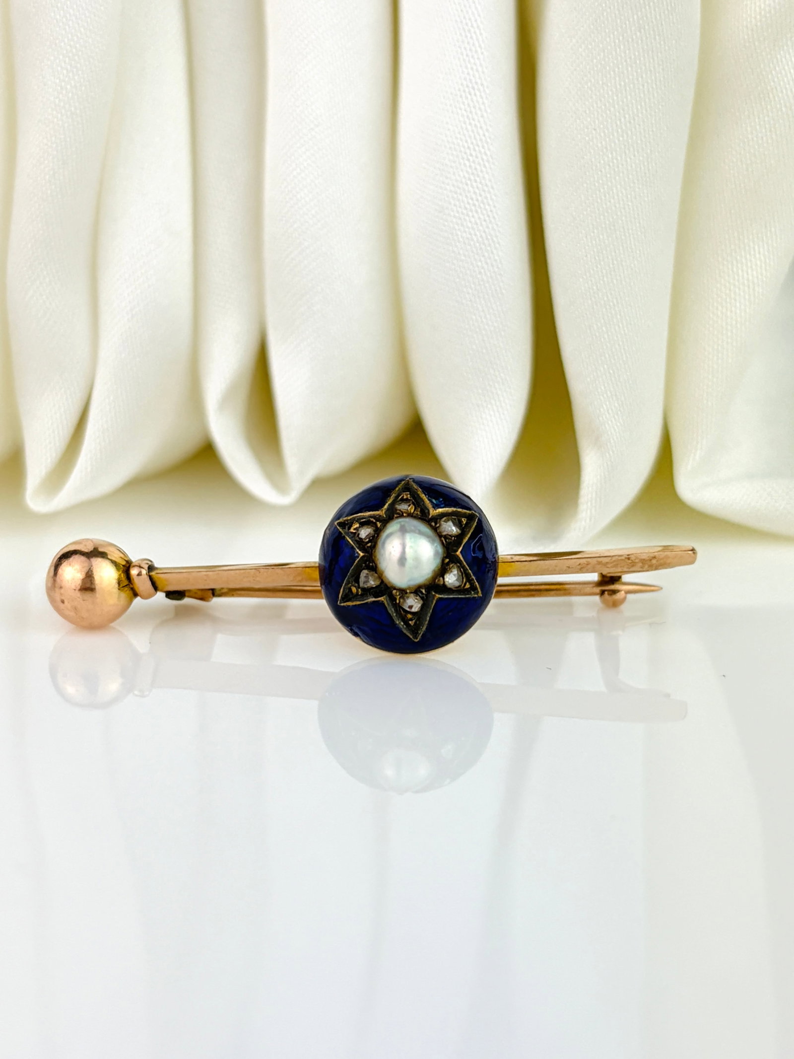 Antique 9ct Gold Blue Enamel, Rose Cut Diamond and Pearl Star Brooch - 2