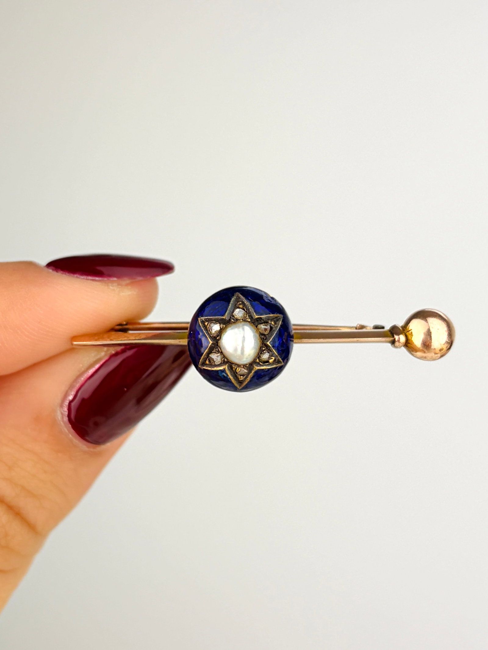 Antique 9ct Gold Blue Enamel, Rose Cut Diamond and Pearl Star Brooch - 7
