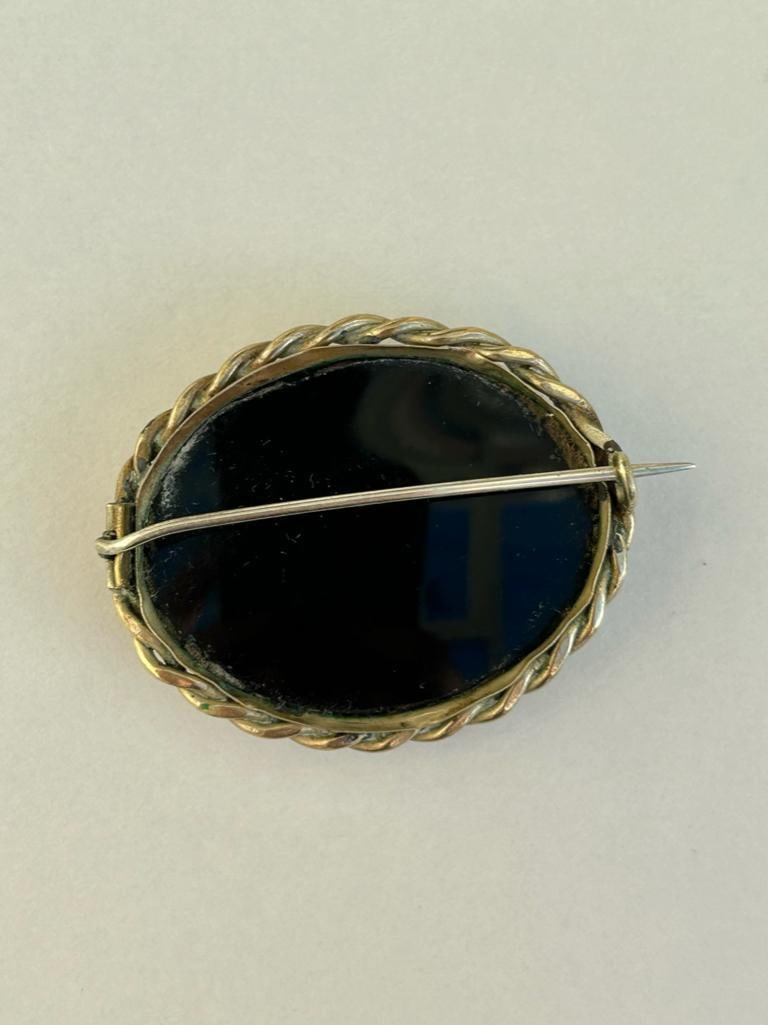 Large Yellow Metal Mourning Brooch with Locket Front - 5