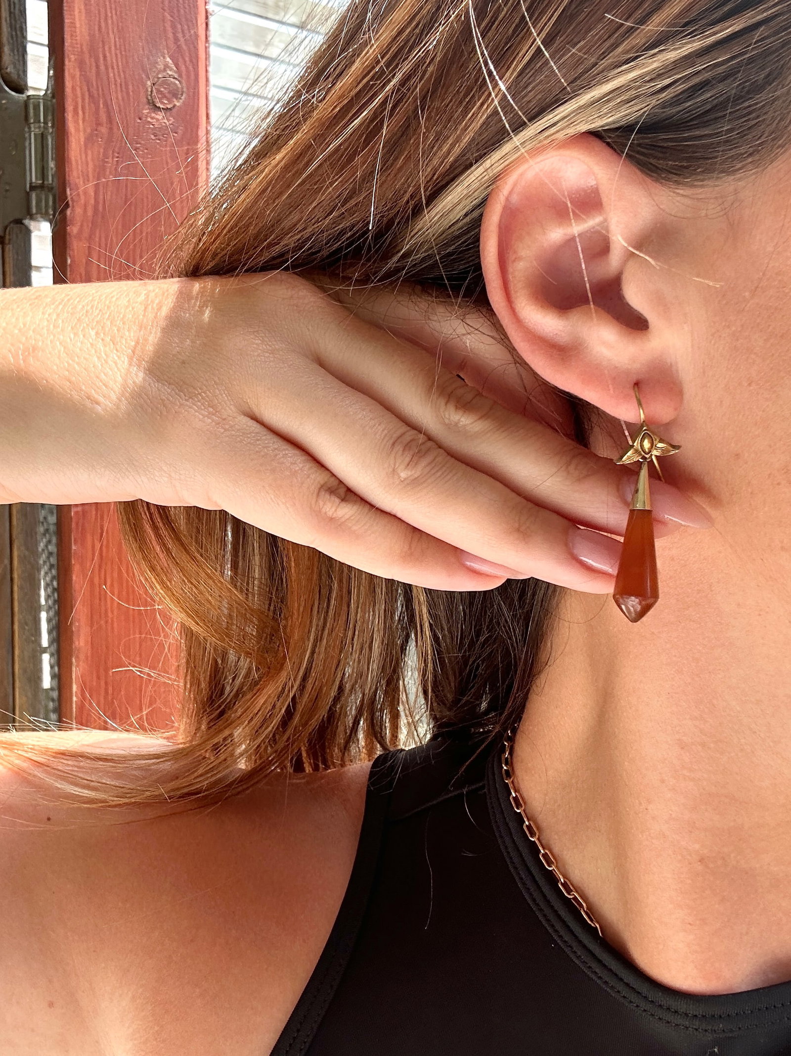 antique Day and night 18ct yellow gold carved drop earrings c 1880 - 5
