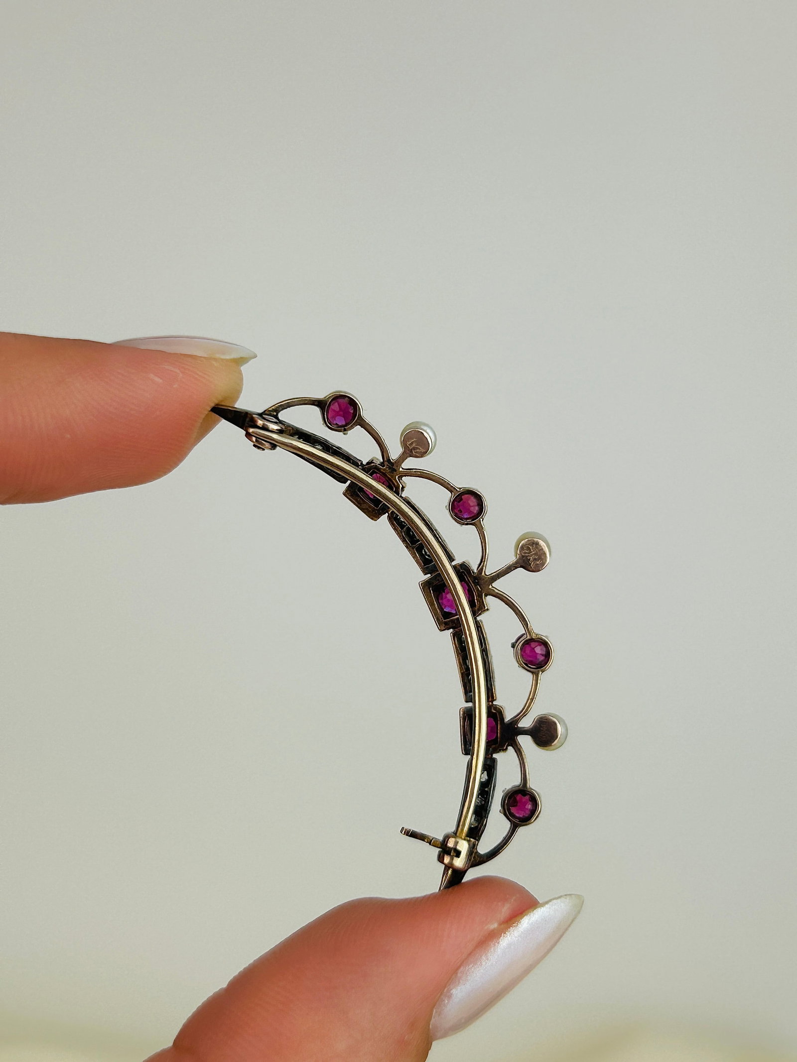 Antique Boxed Silver and Gold Ruby, Diamond and Pearl Lavalier Brooch - 5