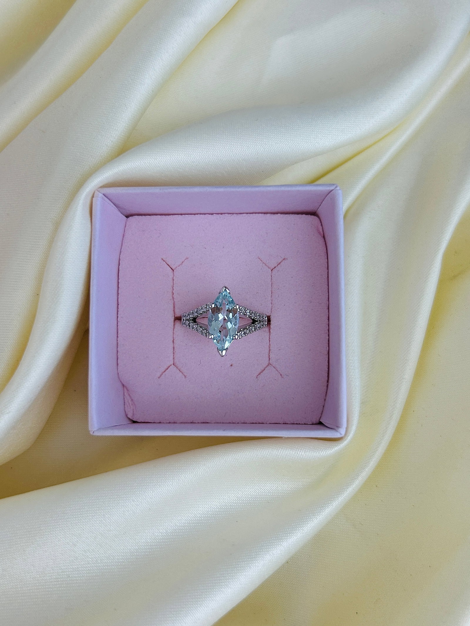 Platinum Marquise Aquamarine and Diamond Shoulder Ring - 10