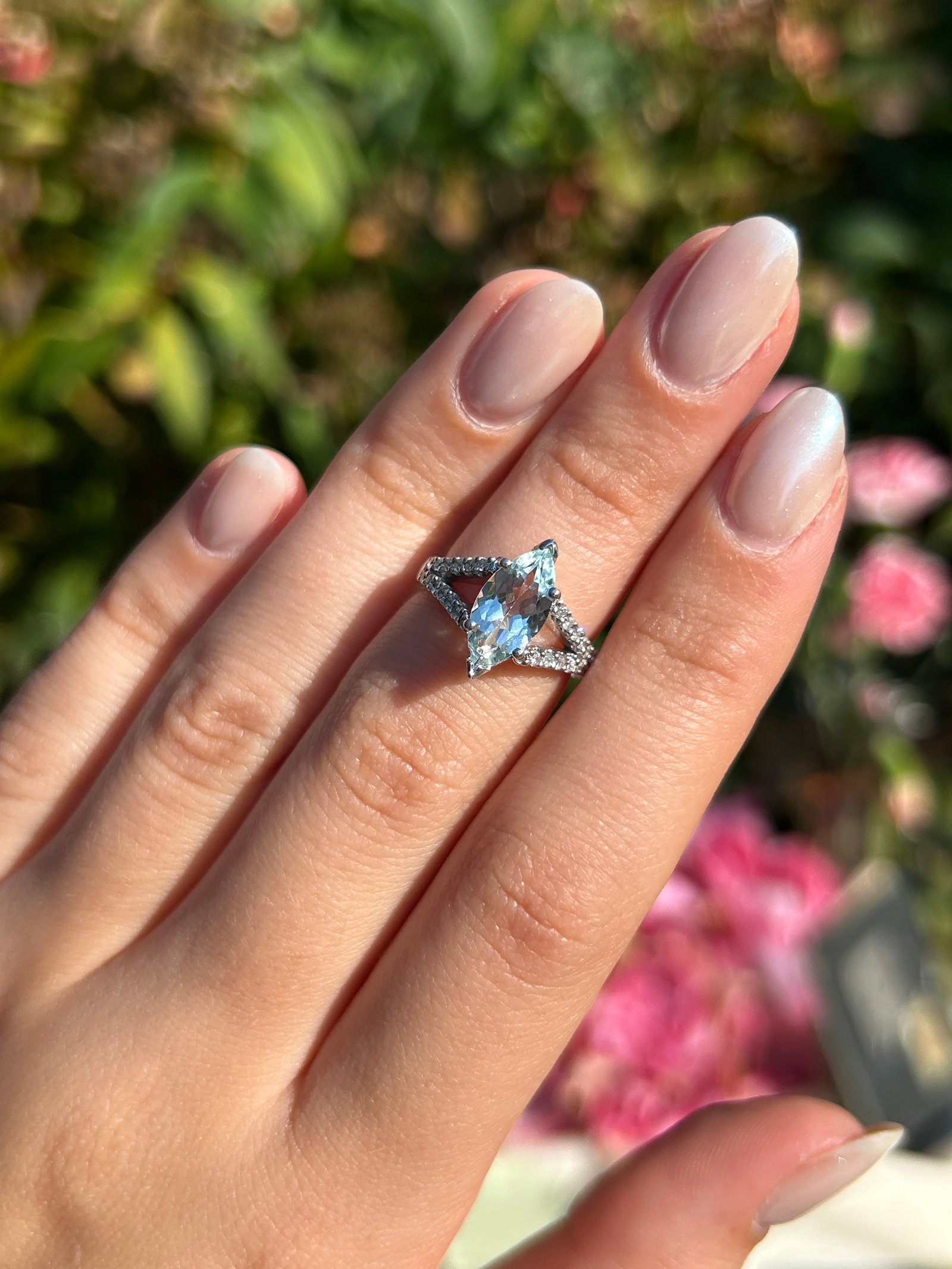 Platinum Marquise Aquamarine and Diamond Shoulder Ring - 11