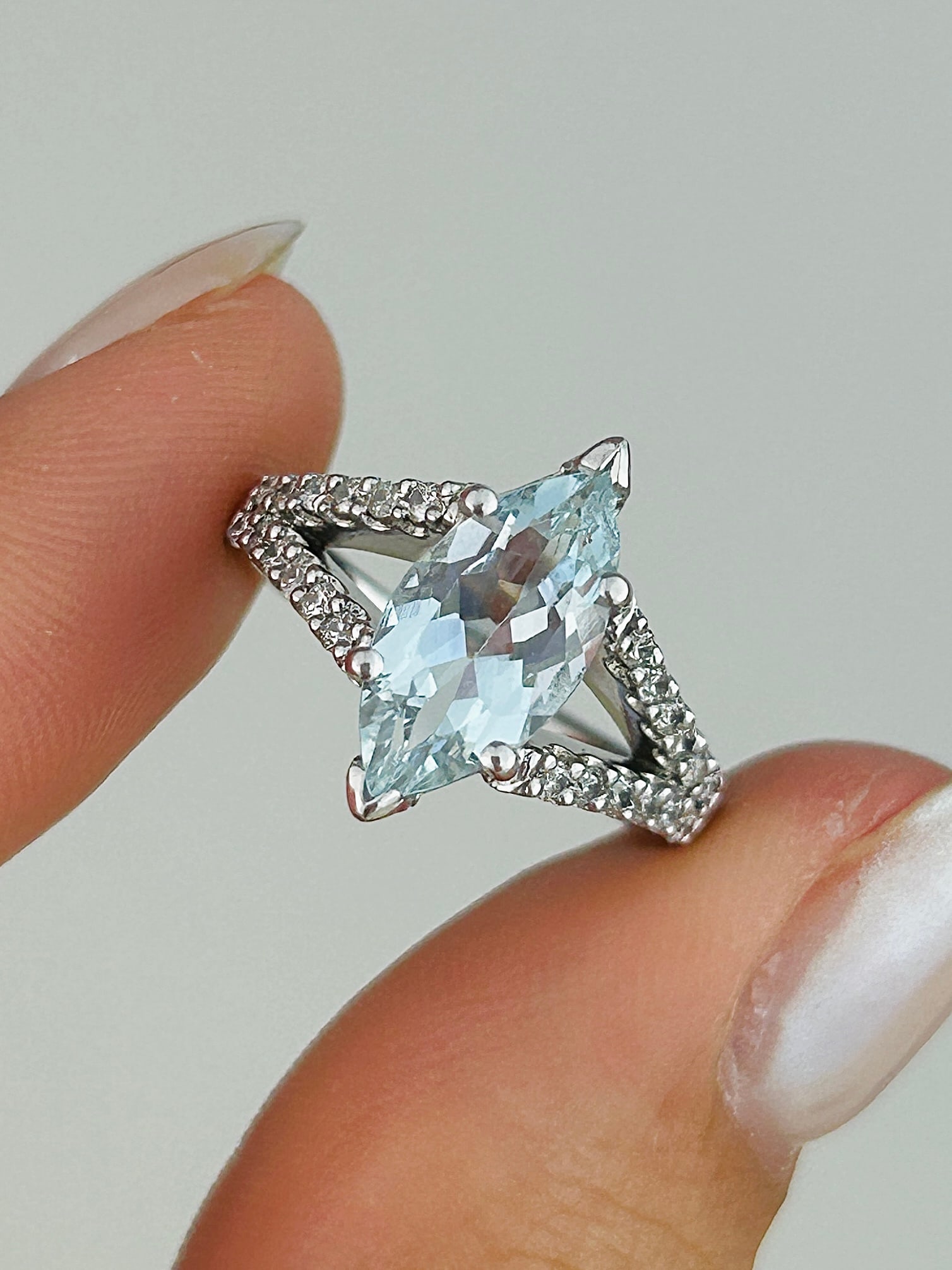 Platinum Marquise Aquamarine and Diamond Shoulder Ring - 6