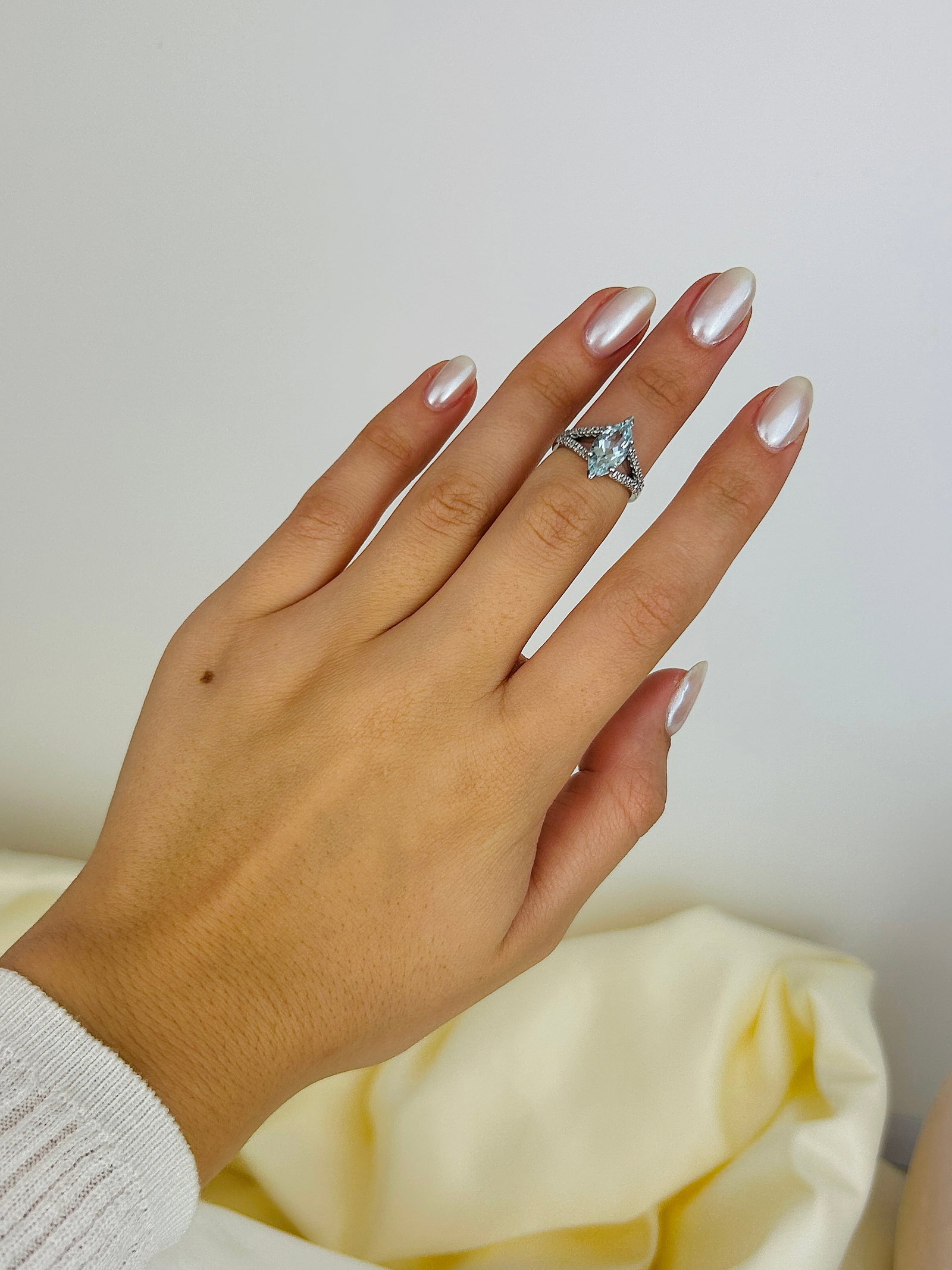 Platinum Marquise Aquamarine and Diamond Shoulder Ring - 9