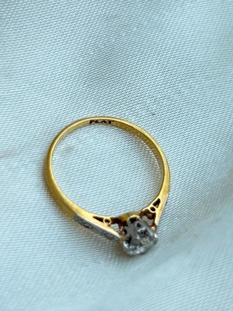 Sweet Antique 18ct Yellow Gold and Platinum Diamond Solitaire Ring - 7