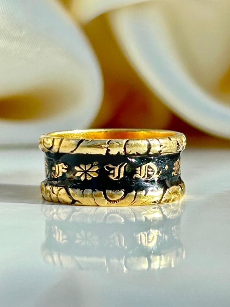 Antique 18ct Yellow Gold Wide Enamel Mourning Band Ring C.1823: Antique 18ct Yellow Gold Wide Enamel Mourning Band Ring C.1823 truly charming mourning ring inscribed “R Hayes Feb 1st 1823 .. 39” measurements size UK N US 7<