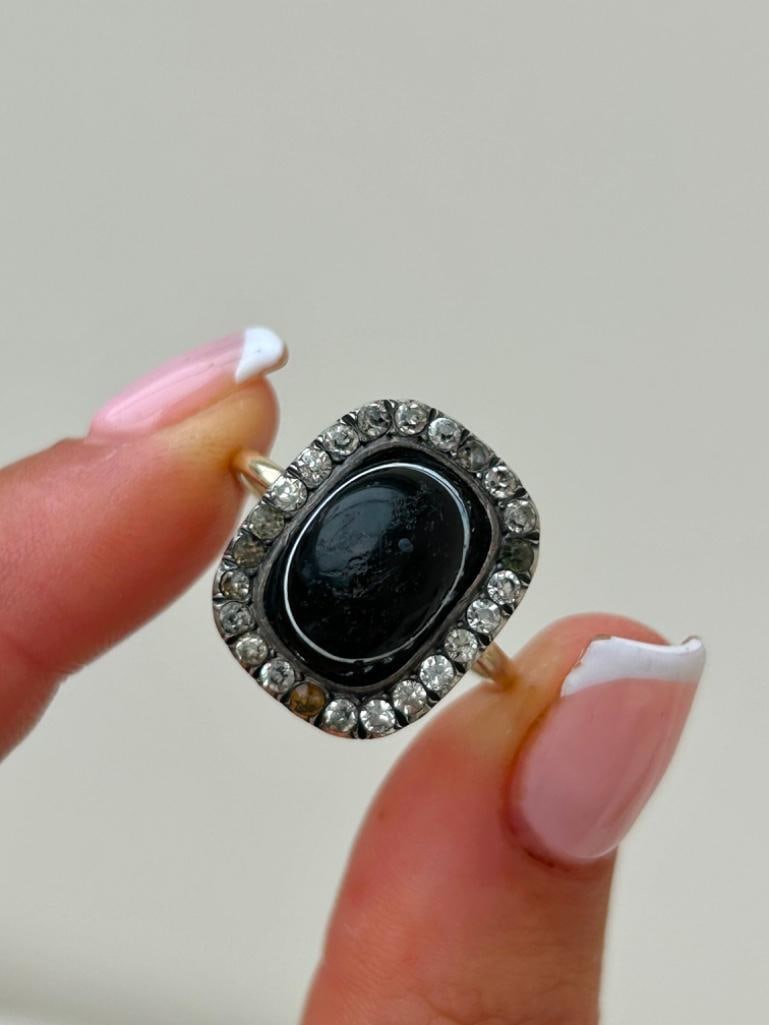 Antique Banded Agate and Paste Halo 9ct Gold Ring: Antique Banded Agate and Paste Halo 9ct Gold Ring the most charming agate statement ring measurements size UK Q US 81/2 head of ring 19mm x 15mm weight 6.43g 