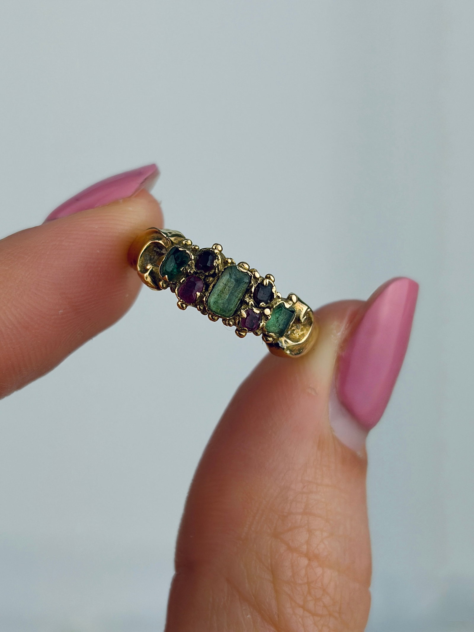WONDERFUL ANTIQUE 18CT YELLOW GOLD EMERALD AND RUBY RING - 5