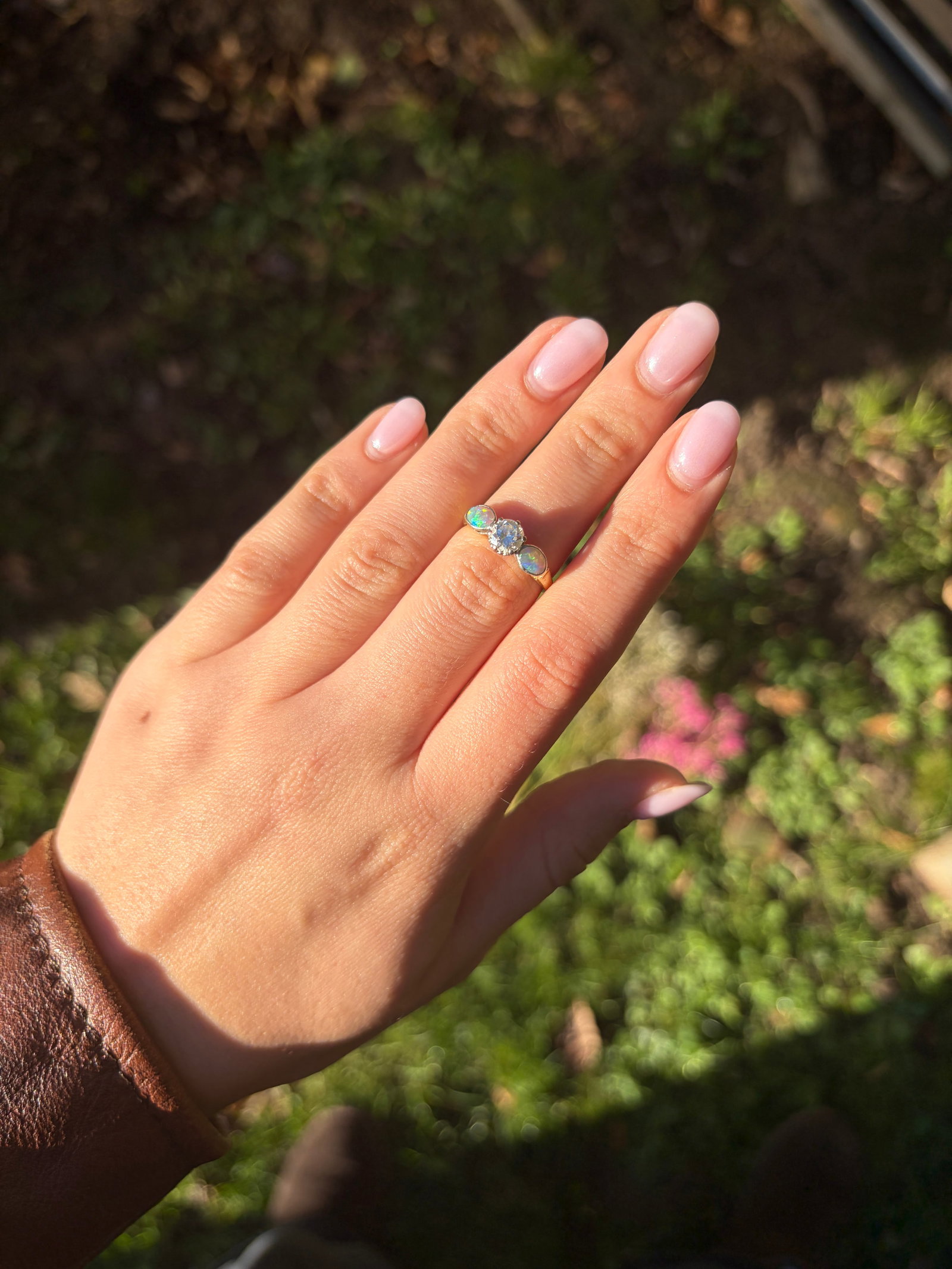 Unusual black opal and 70pts diamond 3 stone ring in 18ct yellow gold and platinum - 10