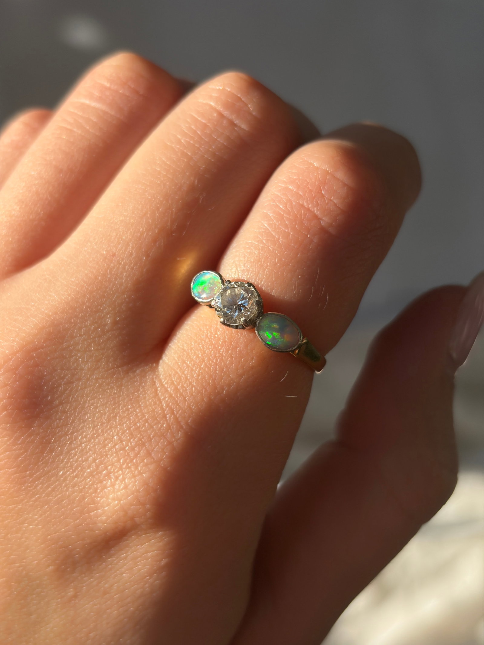 Unusual black opal and 70pts diamond 3 stone ring in 18ct yellow gold and platinum - 9