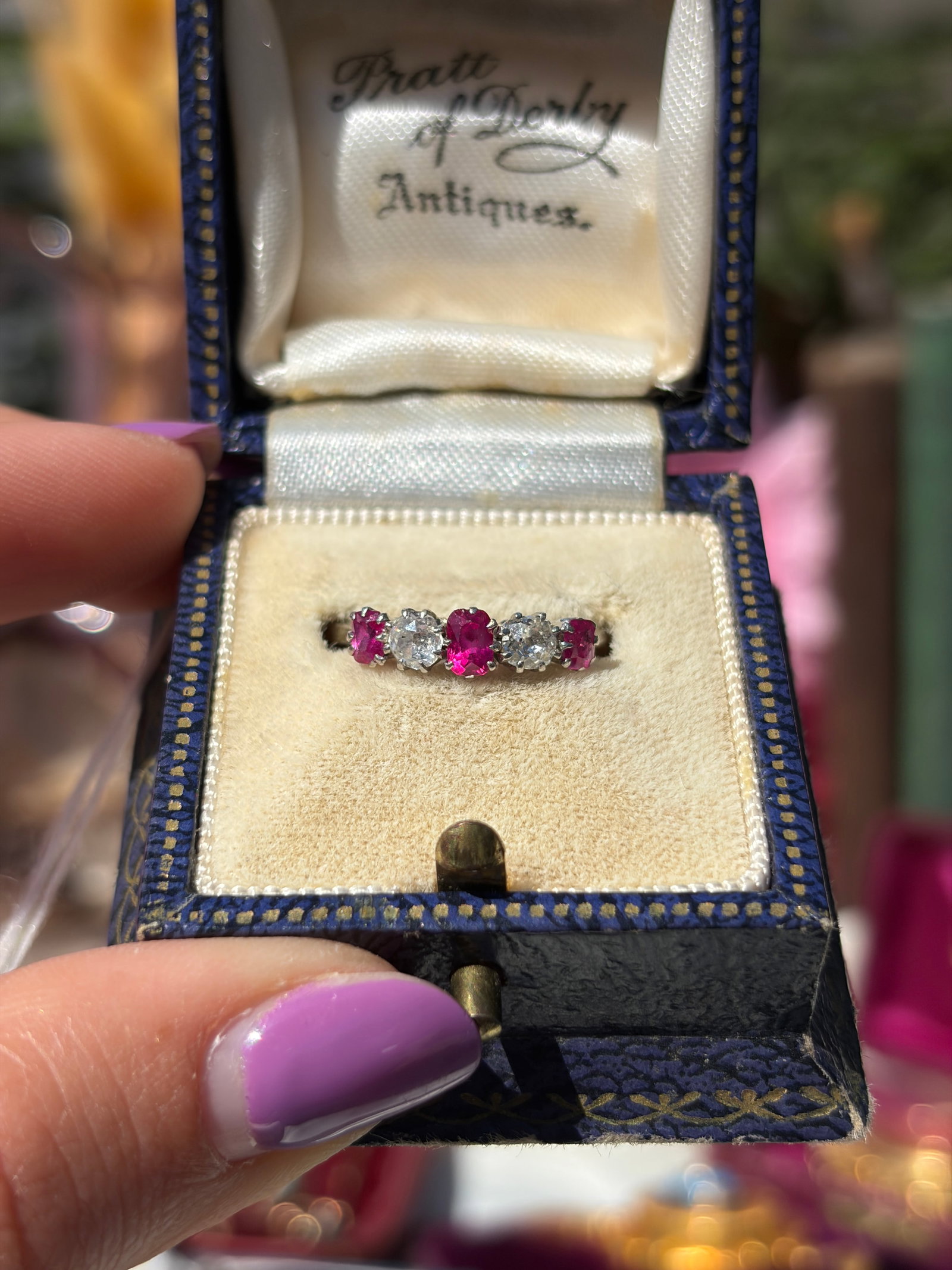 ANTIQUE 18CT GOLD AND PLATINUM RUBY AND DIAMOND 5 STONE RING - 2