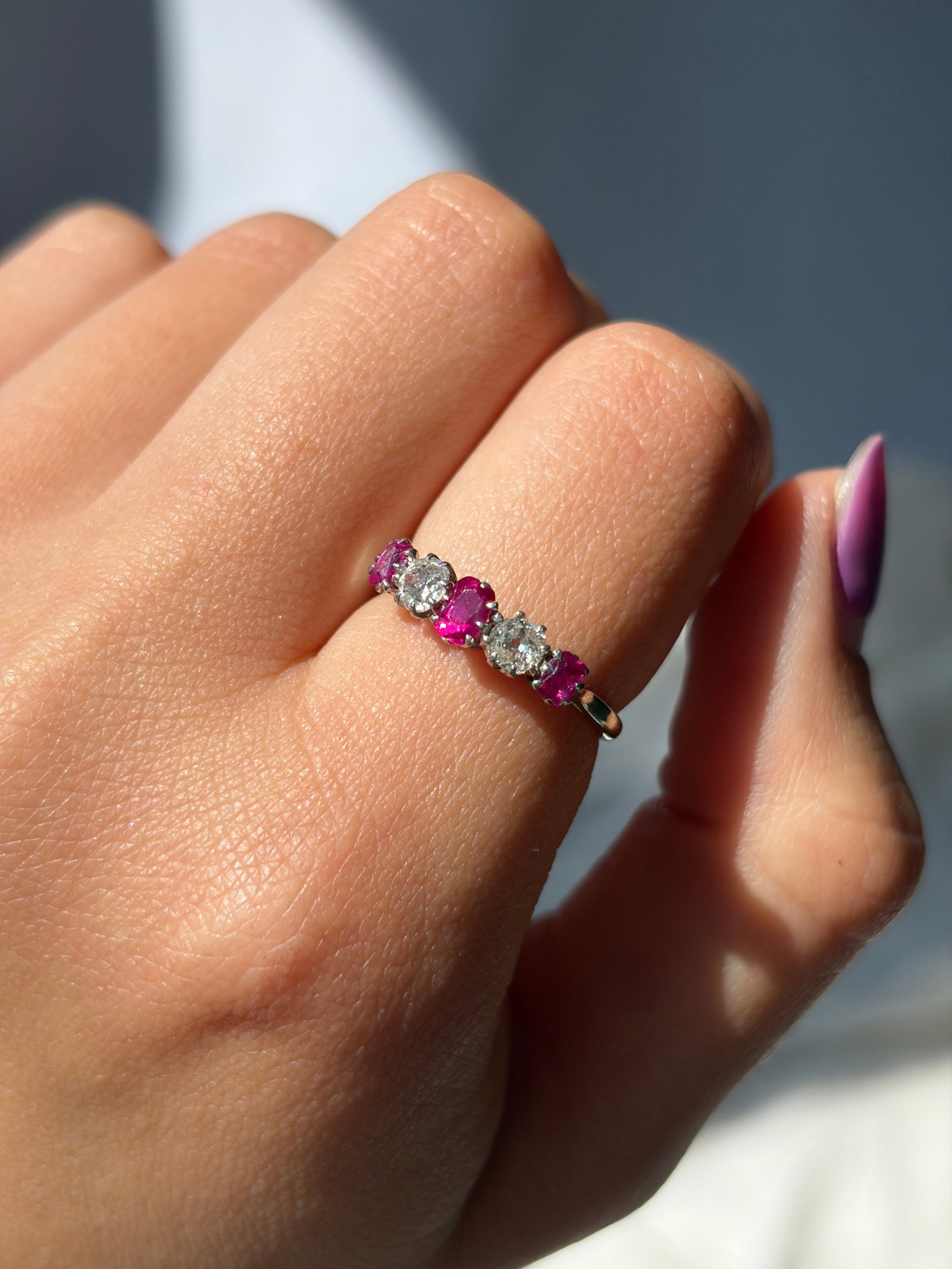 ANTIQUE 18CT GOLD AND PLATINUM RUBY AND DIAMOND 5 STONE RING - 5