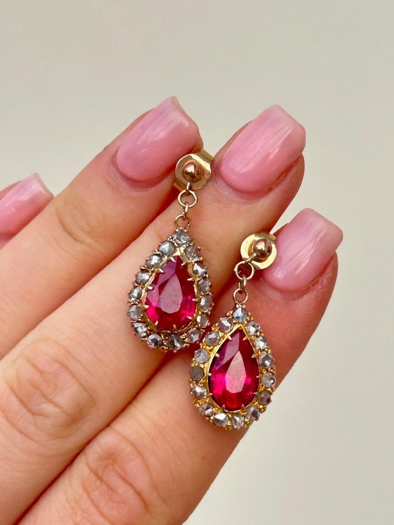 Wonderful Gold Rose Cut Diamond and Synthetic Ruby Pear Drop Earrings - 10