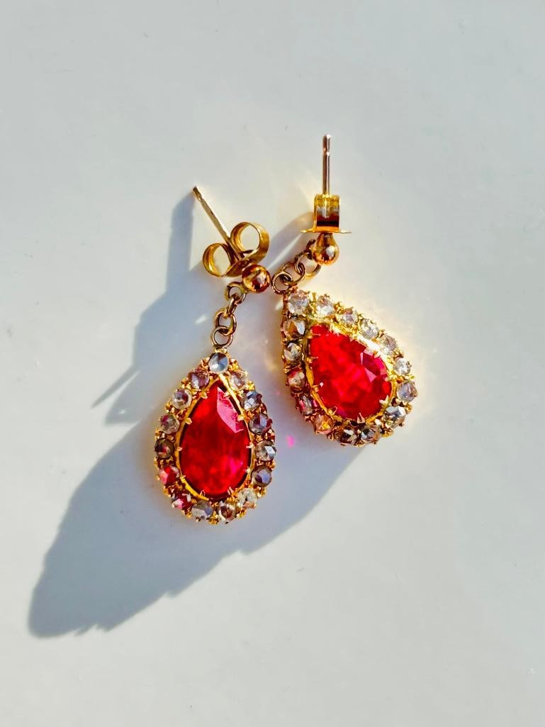 Wonderful Gold Rose Cut Diamond and Synthetic Ruby Pear Drop Earrings - 7