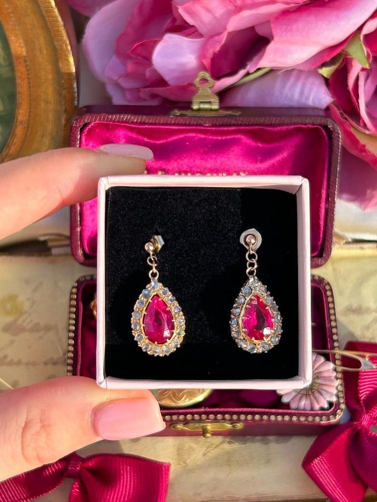 Wonderful Gold Rose Cut Diamond and Synthetic Ruby Pear Drop Earrings - 9