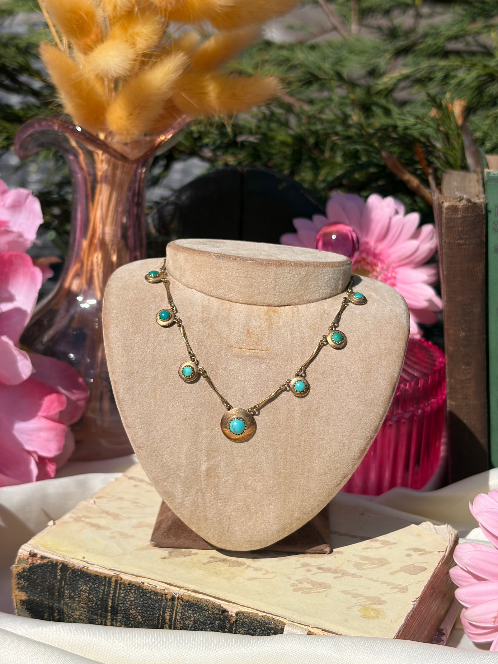 VINTAGE C.1982 9CT YELLOW GOLD TURQUOISE DISC NECKLACE - 2