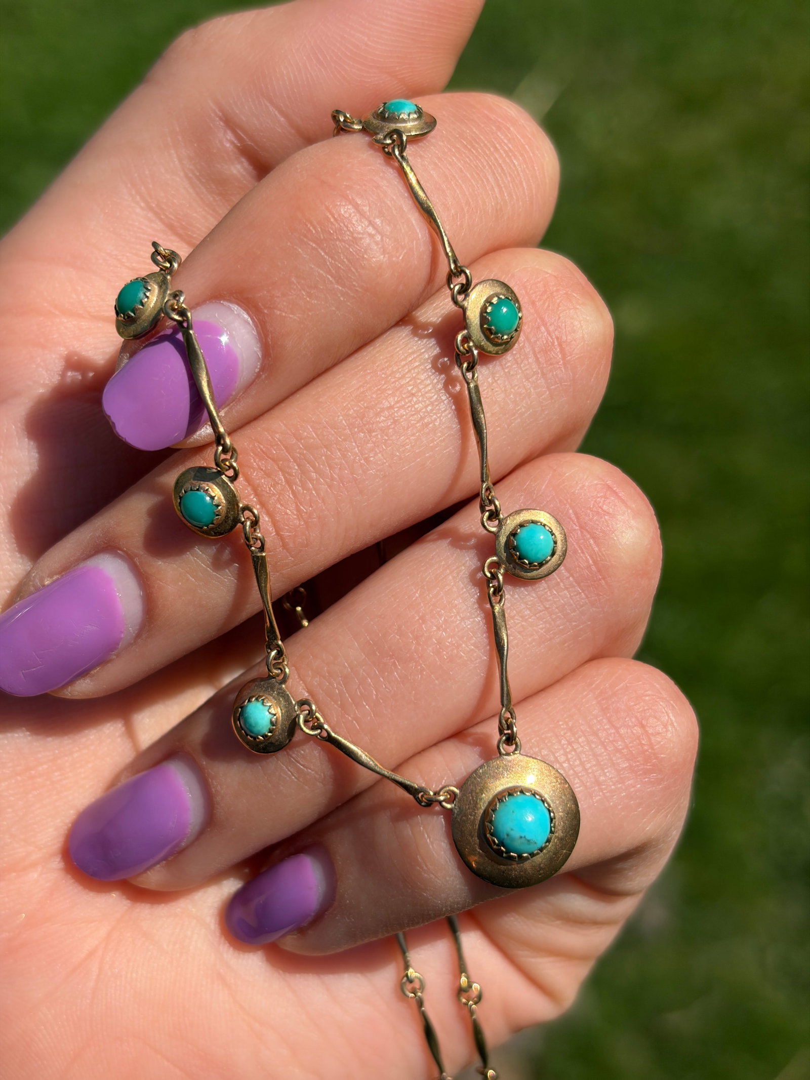 VINTAGE C.1982 9CT YELLOW GOLD TURQUOISE DISC NECKLACE - 3