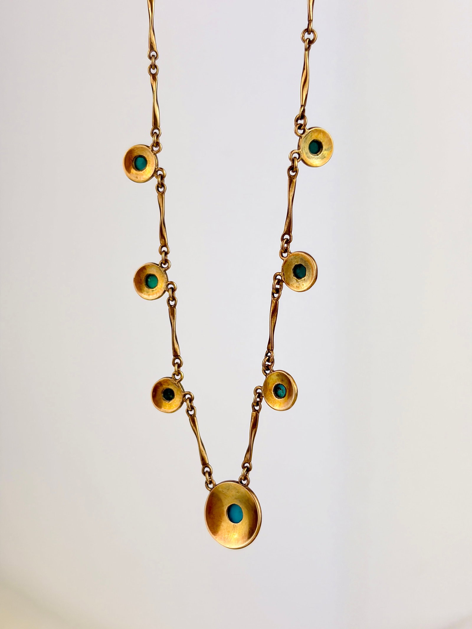 VINTAGE C.1982 9CT YELLOW GOLD TURQUOISE DISC NECKLACE - 7