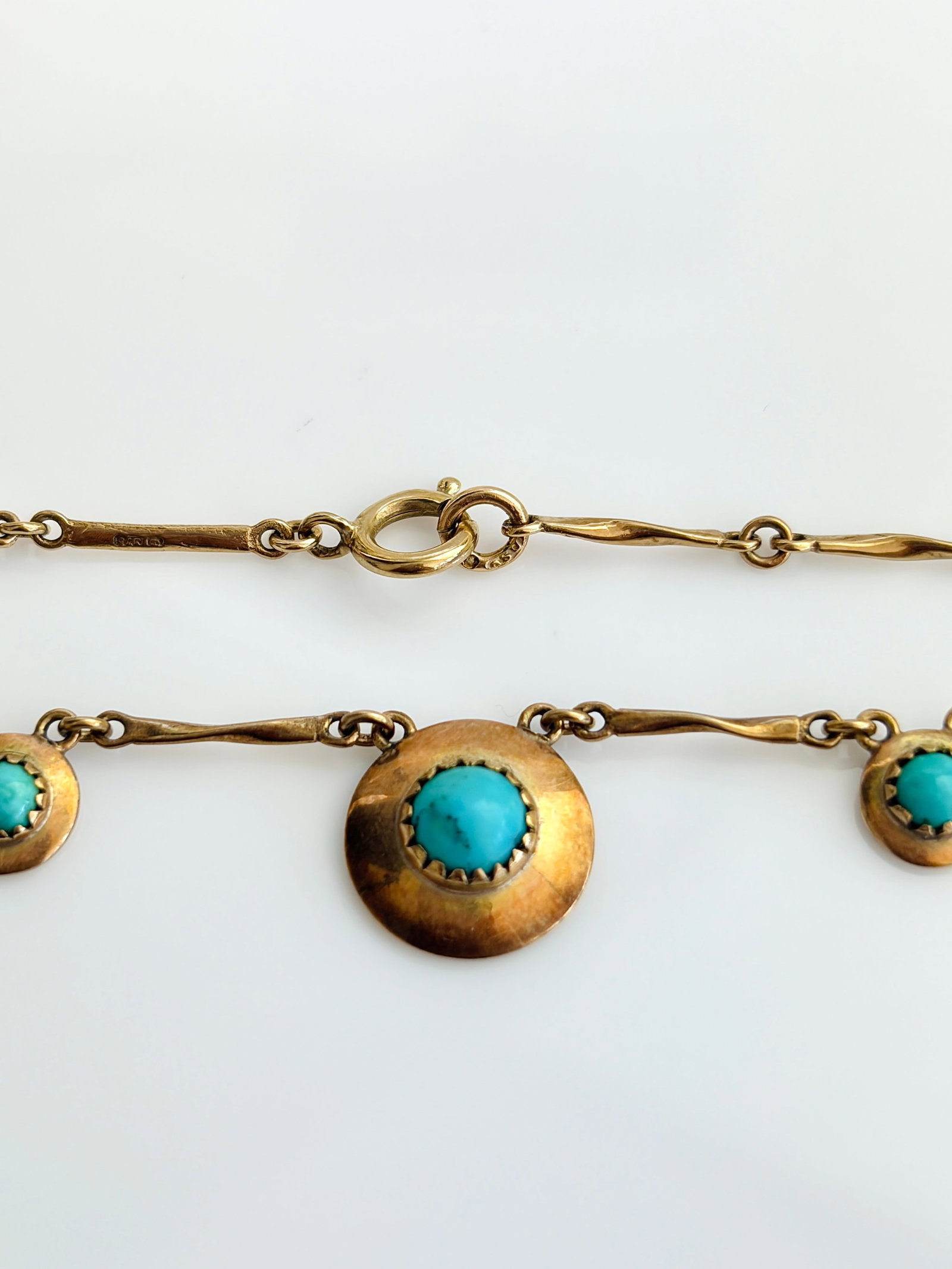 VINTAGE C.1982 9CT YELLOW GOLD TURQUOISE DISC NECKLACE - 8