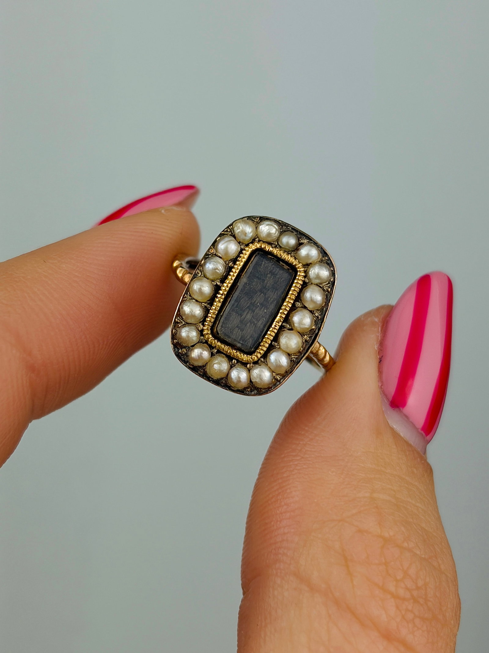 antique yellow gold pearl locket front mourning ring - 5