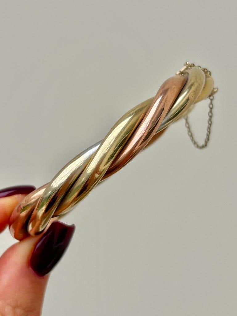 Extra Heavy Vintage Tri Colour 9ct Gold Chunky Twist Bangle / Bracelet - 5