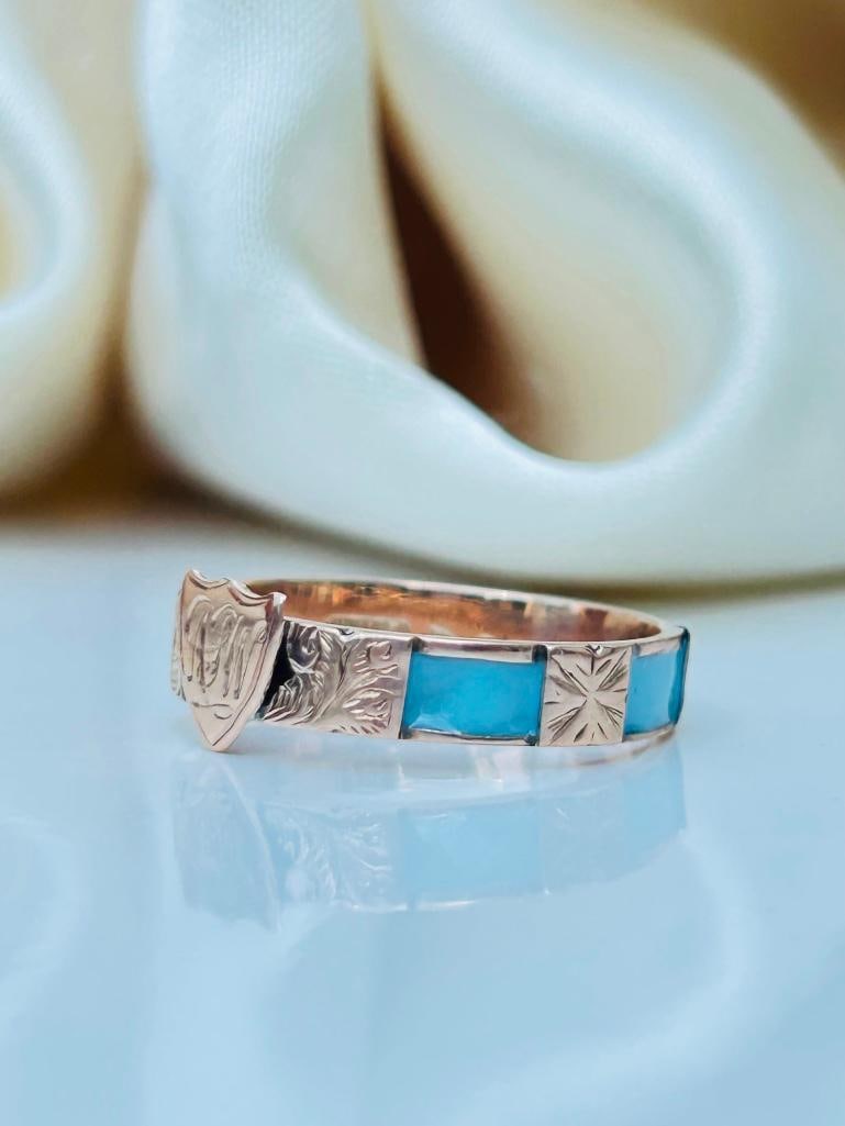 Antique gold blue enamel shield front ring - 10