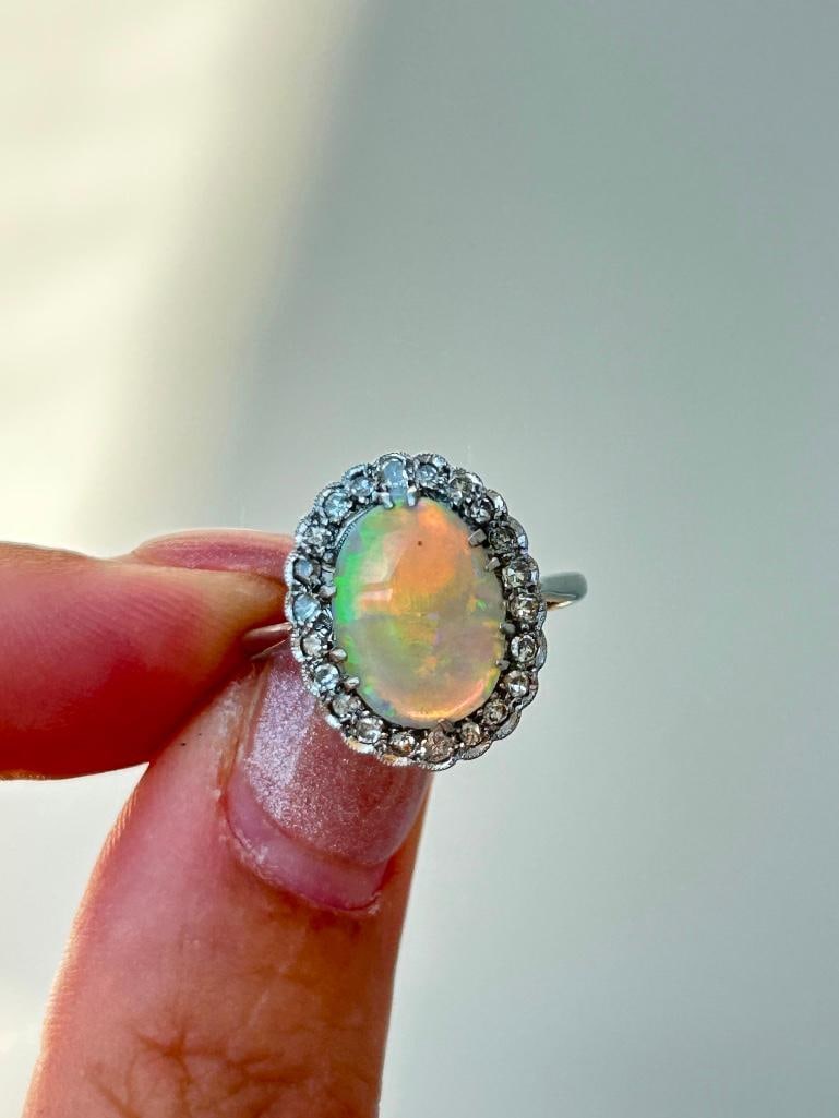 Antique 18ct White Gold Platinum Opal and Diamond Ring - 5