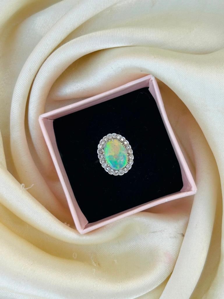Antique 18ct White Gold Platinum Opal and Diamond Ring - 8