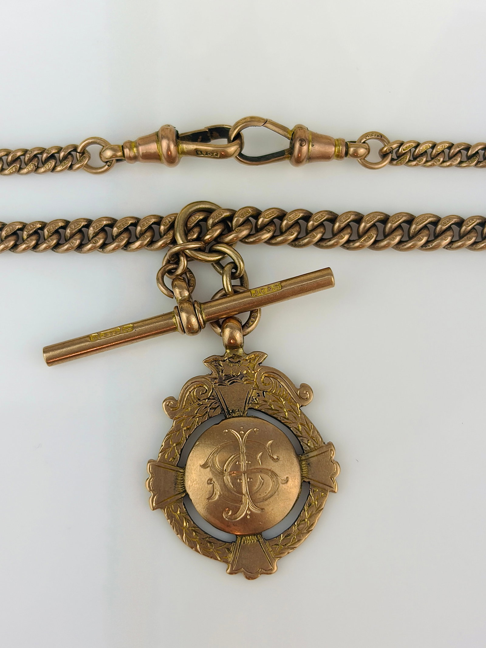 heavy antique 9ct yellow gold double Albert chain necklace with dog clips bar and medal pendant - 2