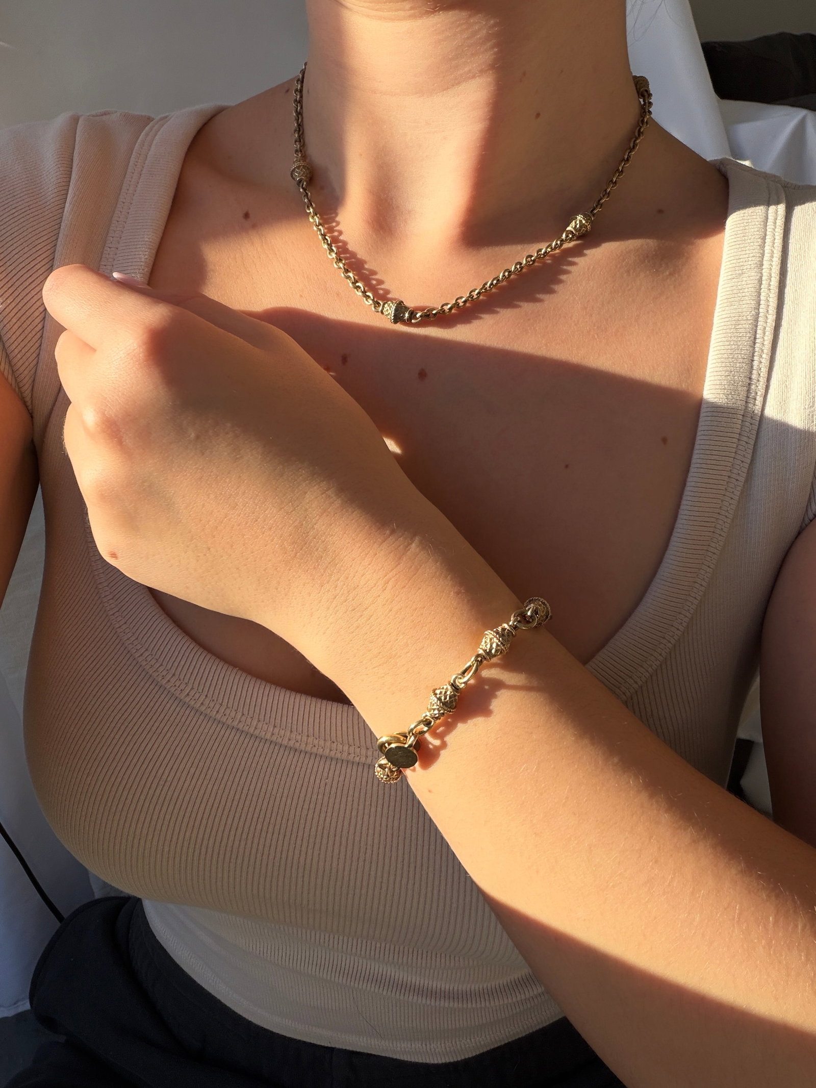 unusual design heavy 9ct gold fancy link chain necklace and bracelet set - 9