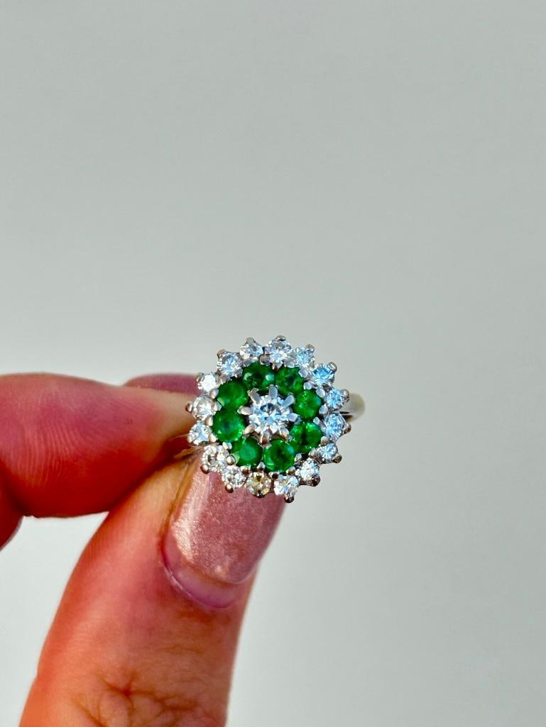 *Vintage 18 Carat White Gold Demantoid Garnet and Diamond Cluster Ring - 12