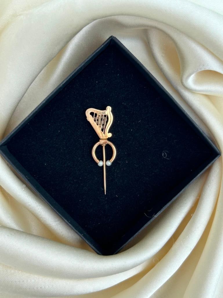 Antique Rose Cut Diamond and Pearl Lyre Stick Pin in Gold - 7