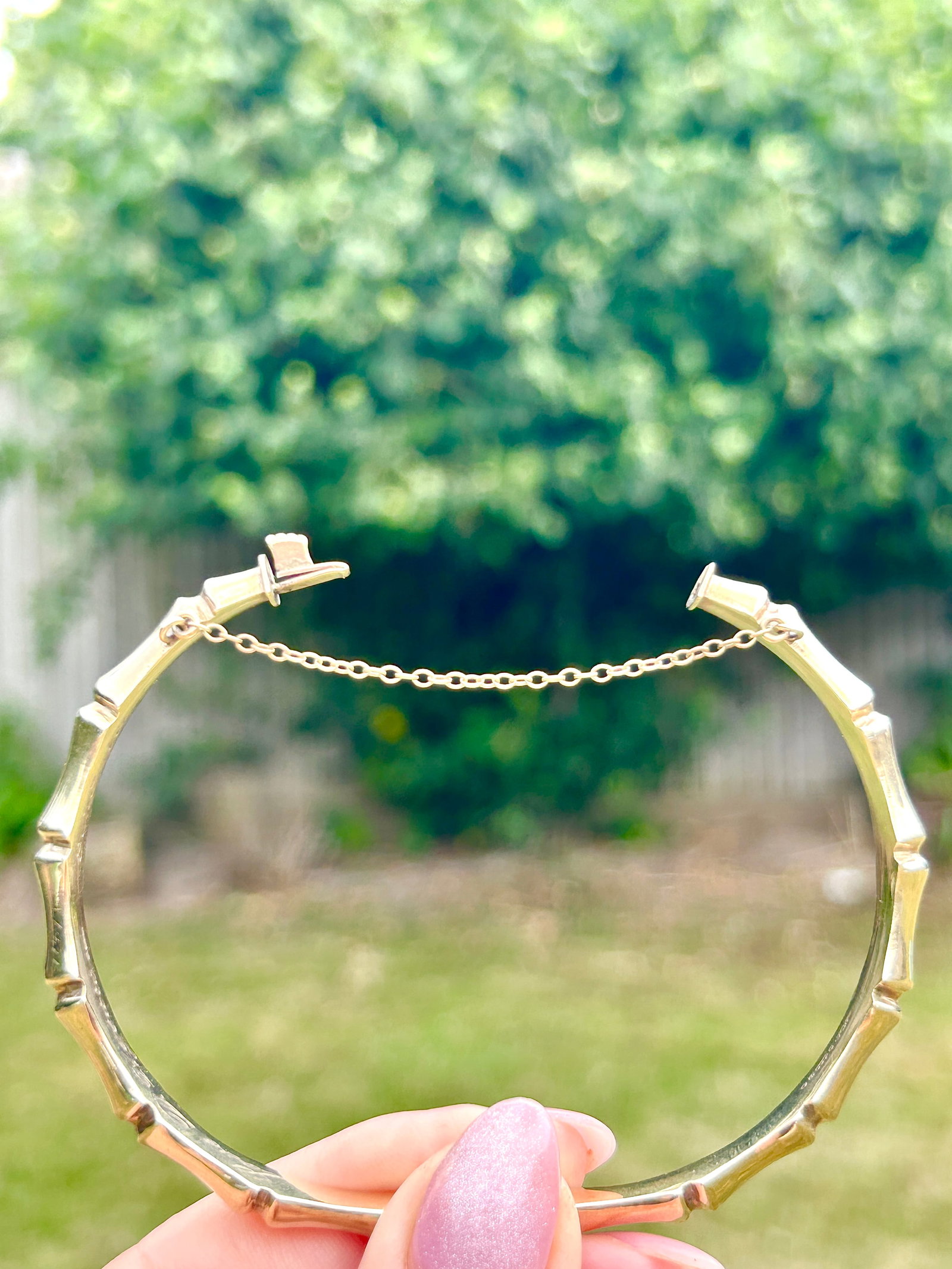 Vintage 9ct gold bamboo effect bangle / bracelet with safety chain c.1975 - 9