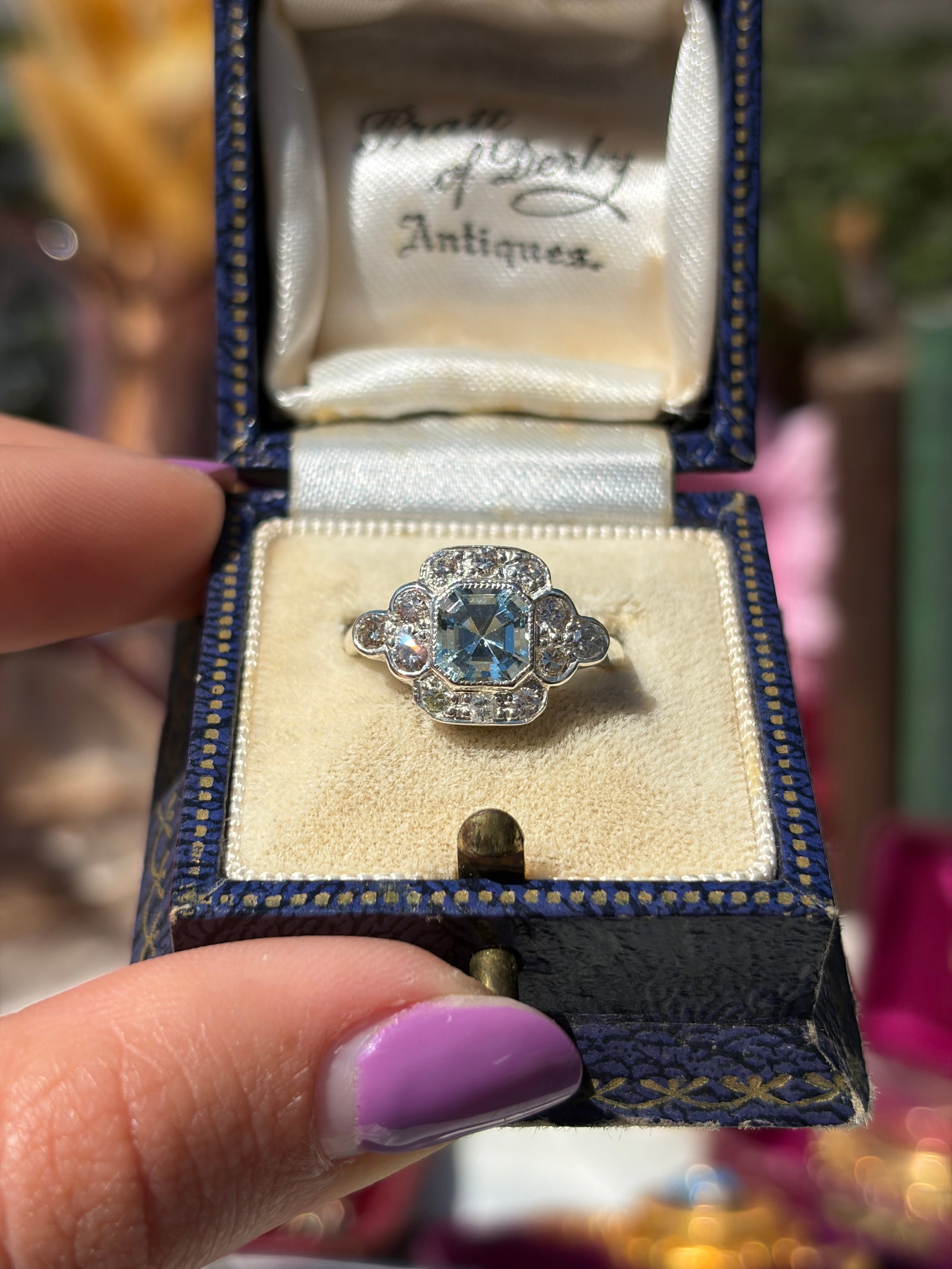 ART DECO STYLE 9CT WHITE GOLD AQUAMARINE AND DIAMOND PANEL RING - 2