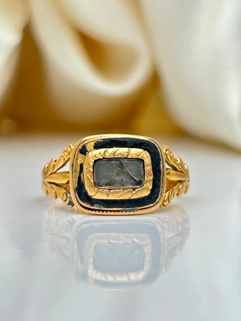 Antique c1827 18ct Yellow Gold Enamel Mourning Band Ring: Antique c1827 18ct Yellow Gold Enamel Mourning Band Ring inside inscription reads “REVD THOS THORN OBT 25 OCT 1827 AET 60” measurements size UK L US 6 head of ring 11mm