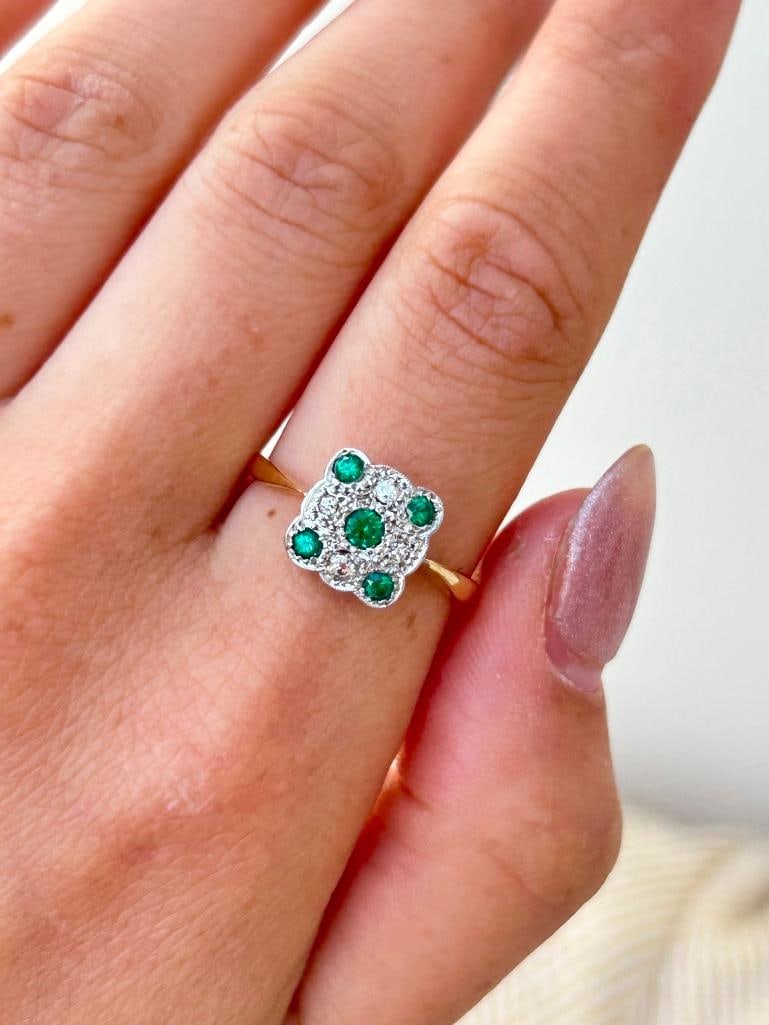 *Art Deco 18ct Gold Emerald and Diamond Square Panel Ring - 2