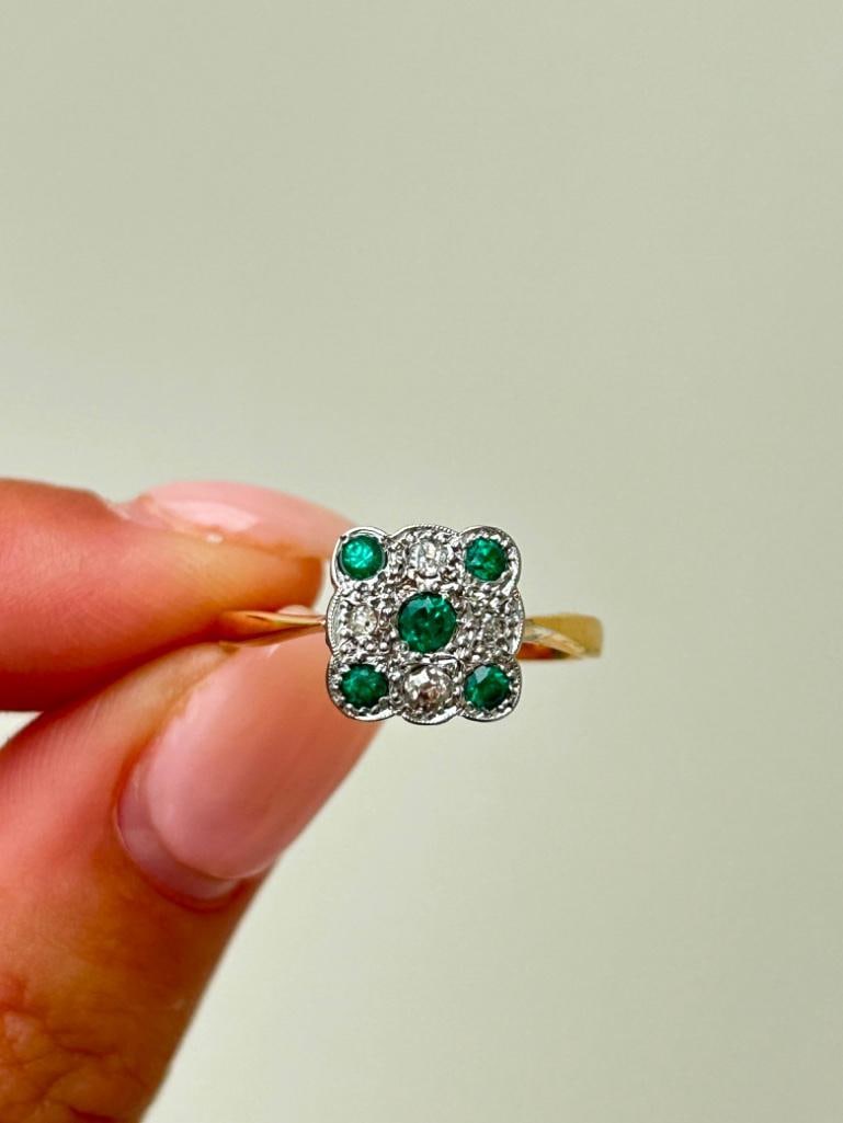 *Art Deco 18ct Gold Emerald and Diamond Square Panel Ring - 6
