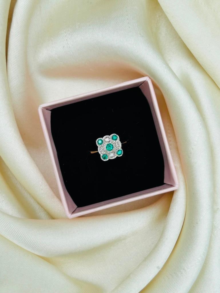 *Art Deco 18ct Gold Emerald and Diamond Square Panel Ring - 8