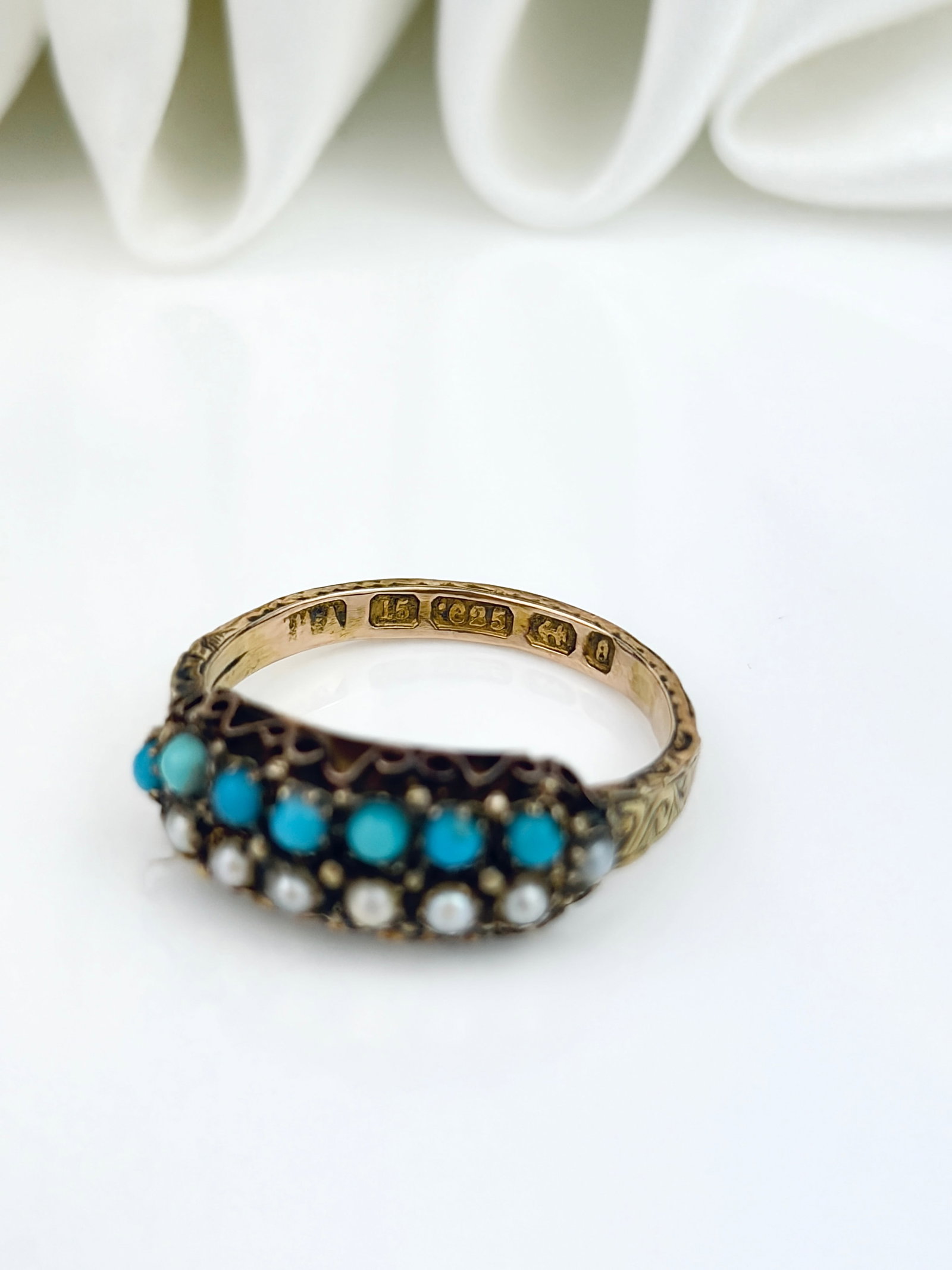 ANTIQUE 15CT GOLD TURQUOISE AND PEARL DOUBLE ROW RING - 4