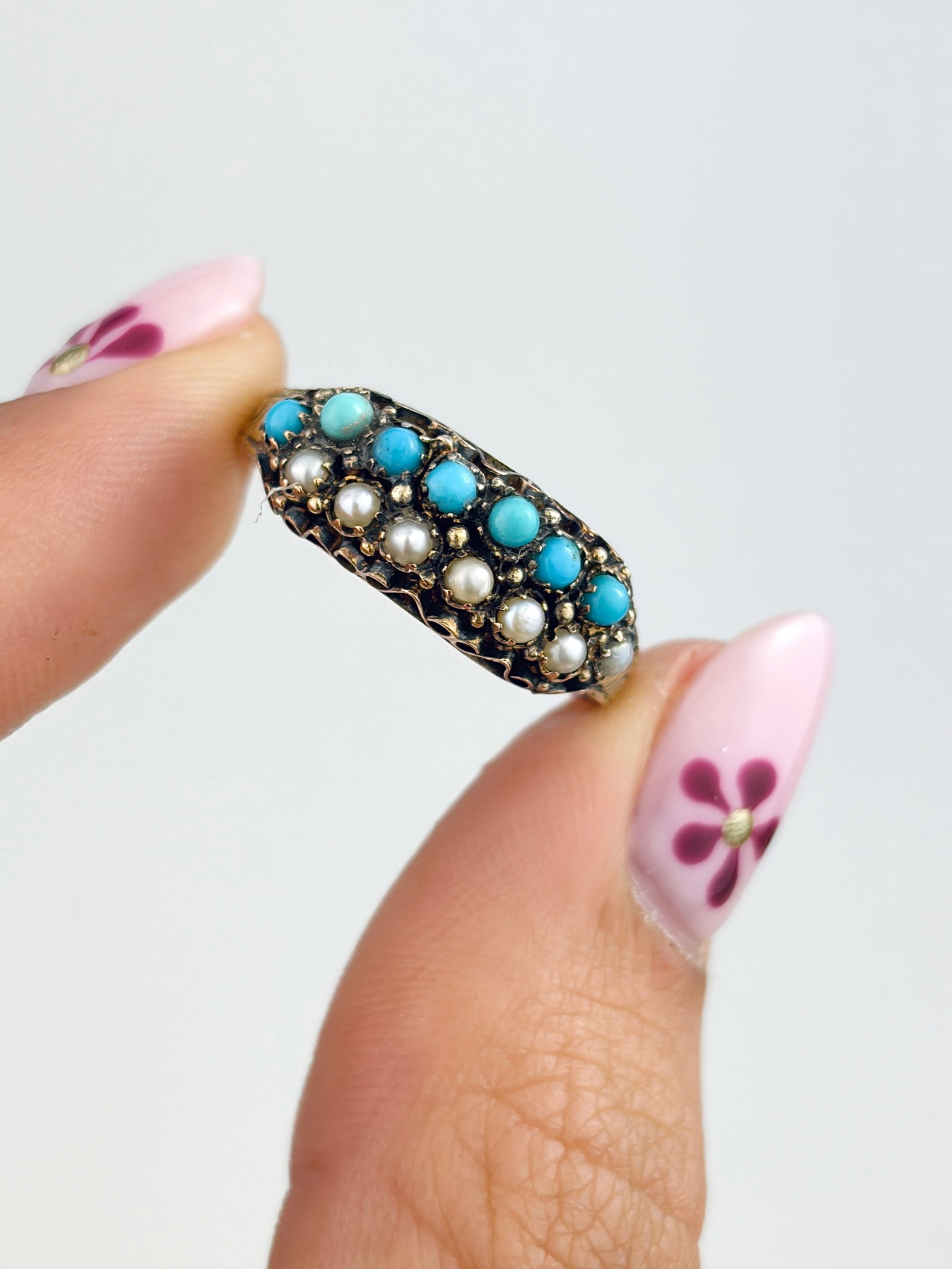 ANTIQUE 15CT GOLD TURQUOISE AND PEARL DOUBLE ROW RING - 5