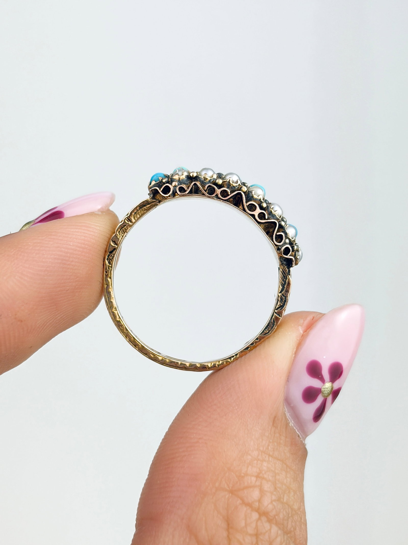 ANTIQUE 15CT GOLD TURQUOISE AND PEARL DOUBLE ROW RING - 6