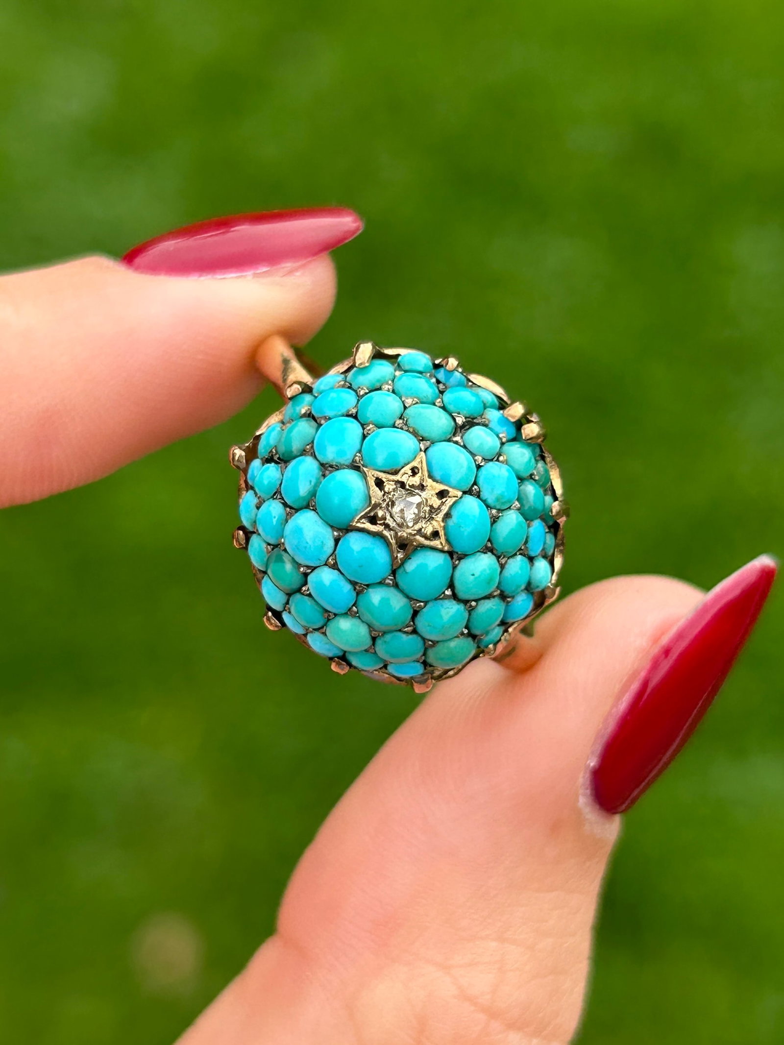 Antique Victorian Turquoise and Diamond Bombe Ring in 9ct Gold - 10