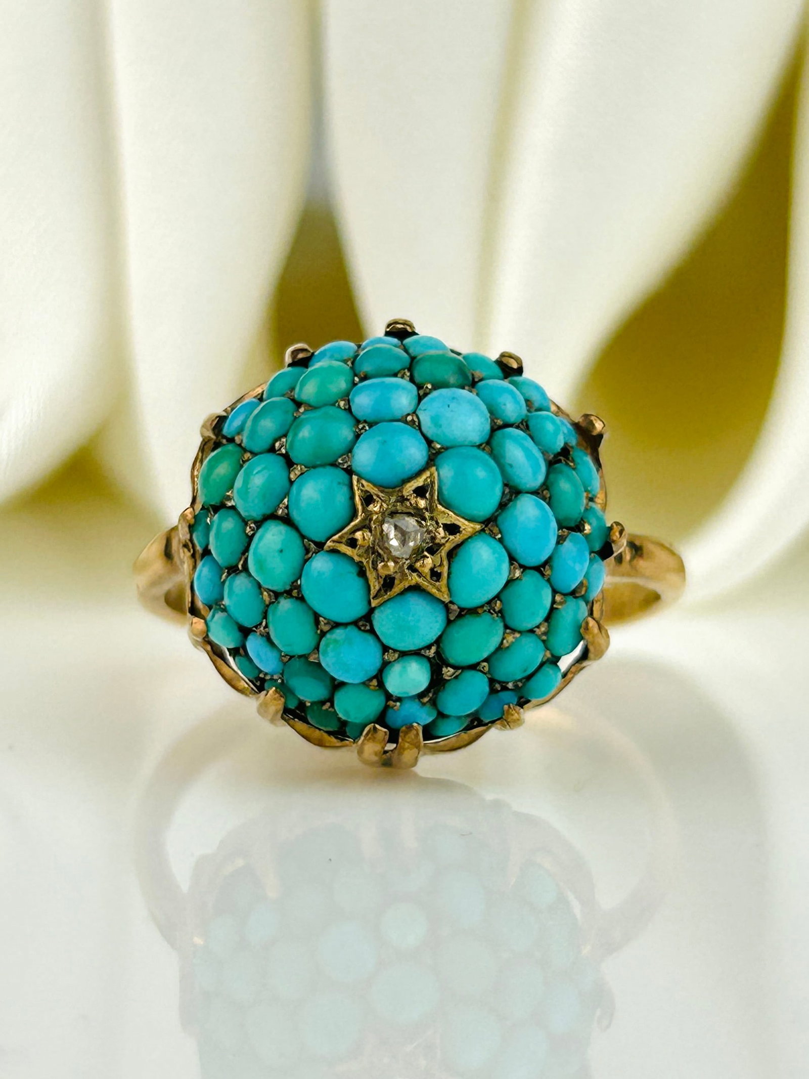 Antique Victorian Turquoise and Diamond Bombe Ring in 9ct Gold: Antique Victorian Turquoise and Diamond Bombe Ring